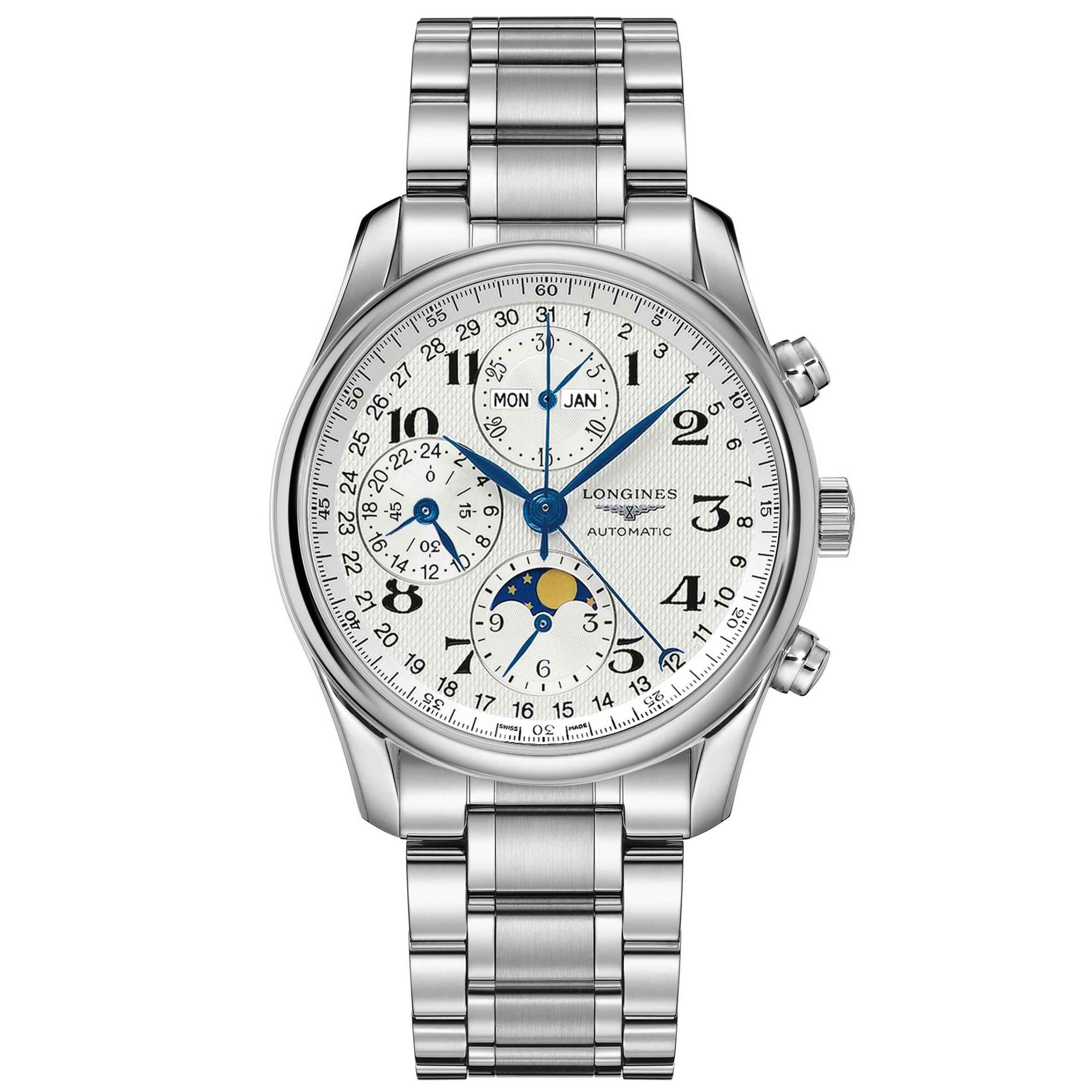 Orologio da polso Longines in acciaio, quadrante argento con cronografo e fasi lunari