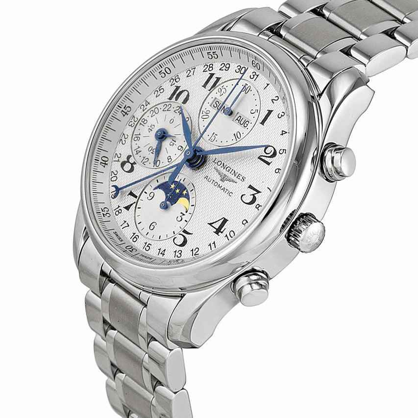 Orologio da polso in acciaio con bracciale, cassa argento e pulsanti laterali