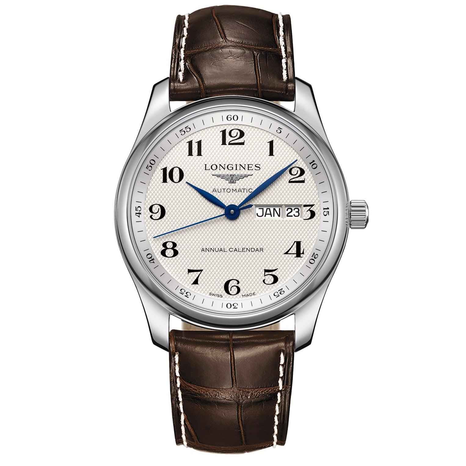 Orologio Longines con quadrante argento, calendario annuale, cinturino alligatore marrone