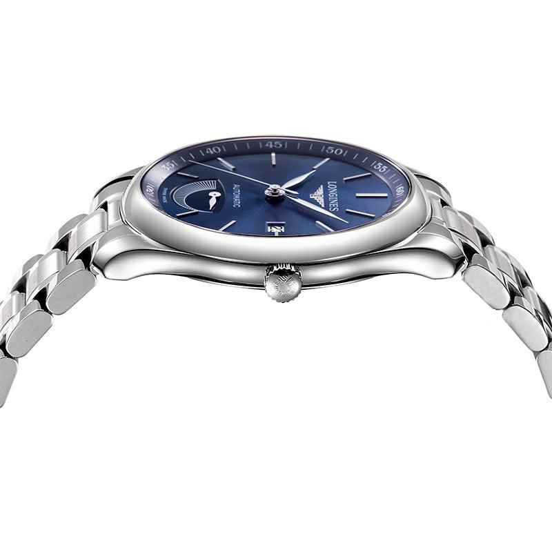 Orologio Longines automatico con cassa in acciaio e corona sul fianco, quadrante blu