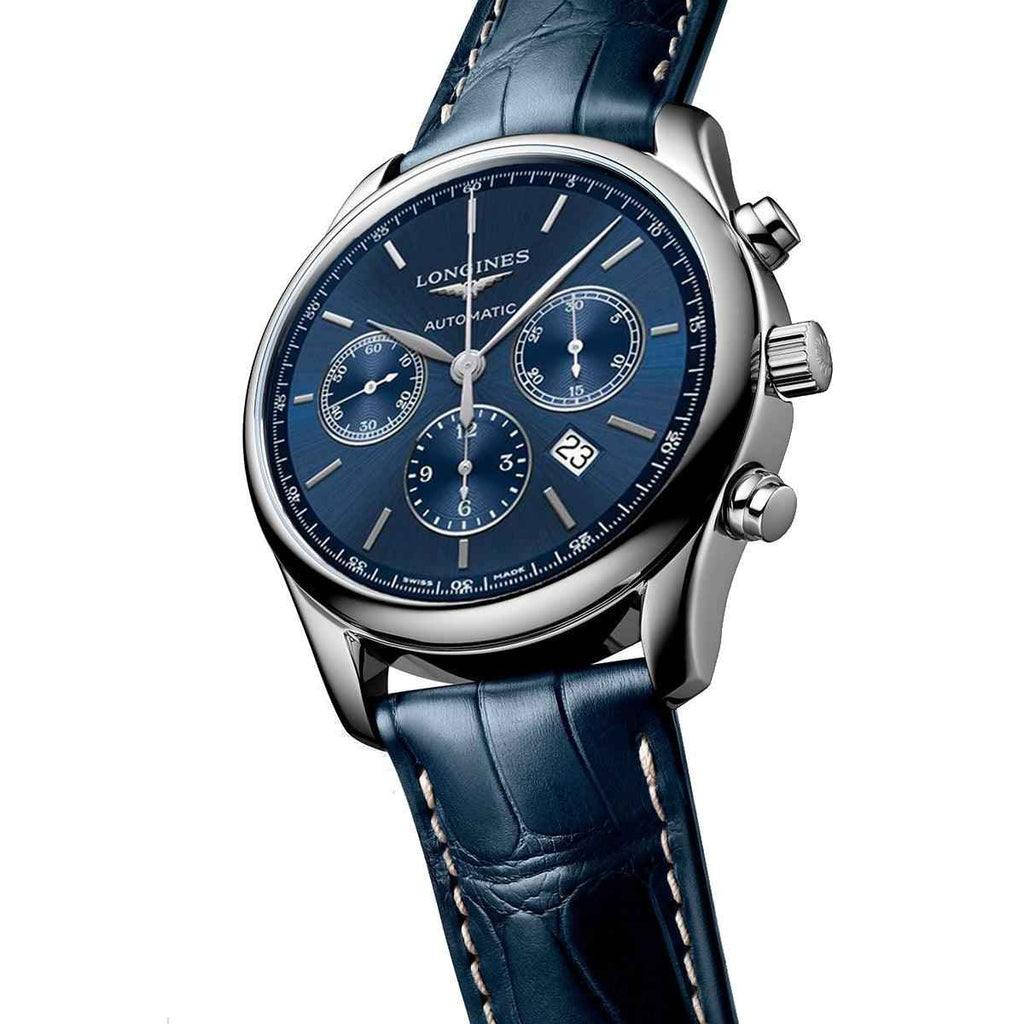 Orologio cronografo automatico con cassa in acciaio e cinturino in pelle blu, quadrante blu