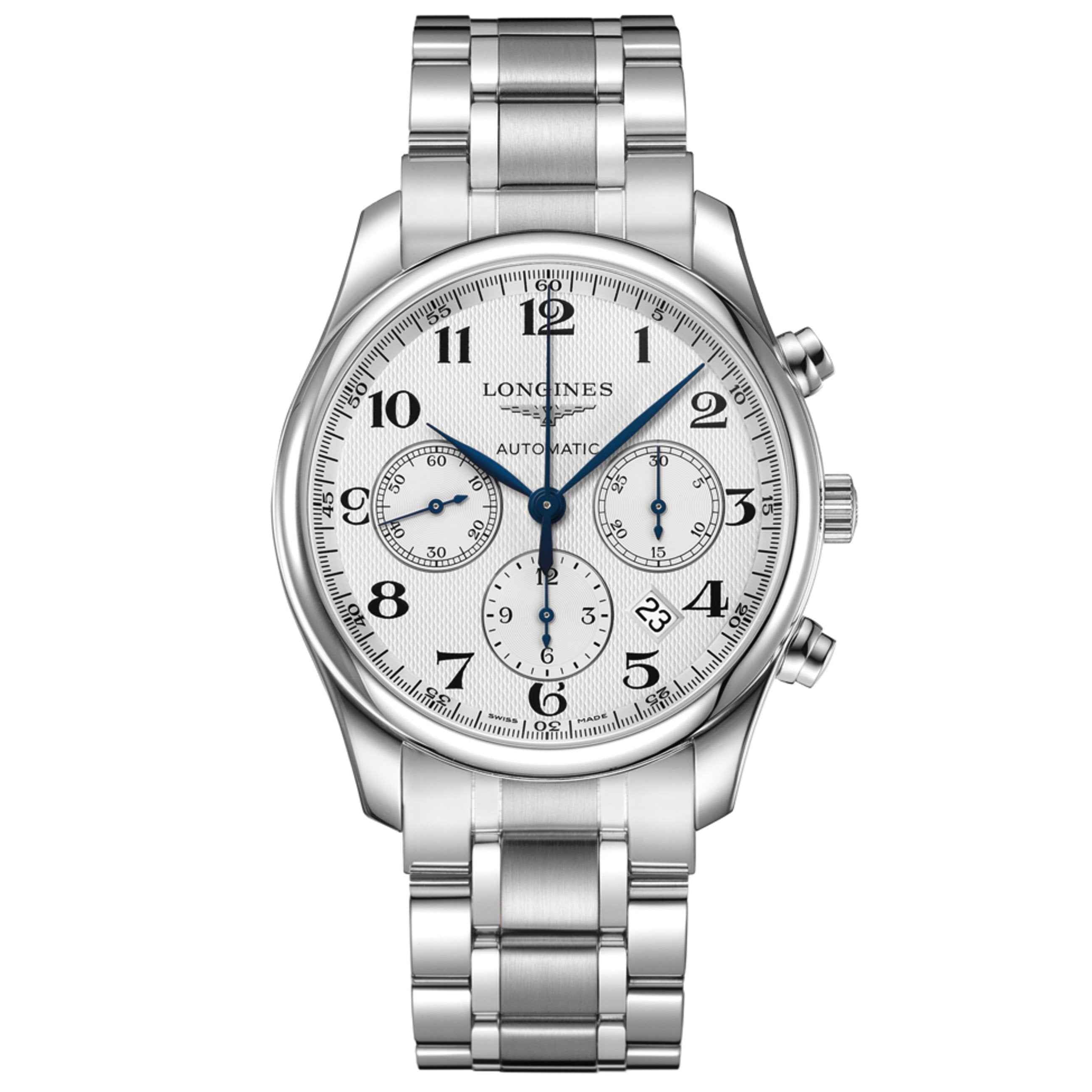 Orologio cronografo automatico Longines in acciaio argento, quadrante bianco con contatori.