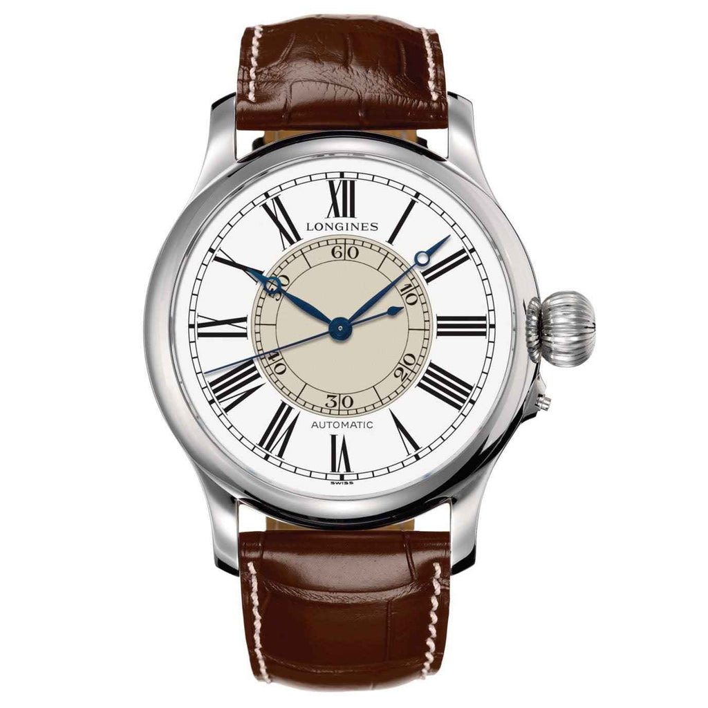 Orologio automatico Longines Weems Second-Setting, quadrante bianco, cinturino marrone in pelle