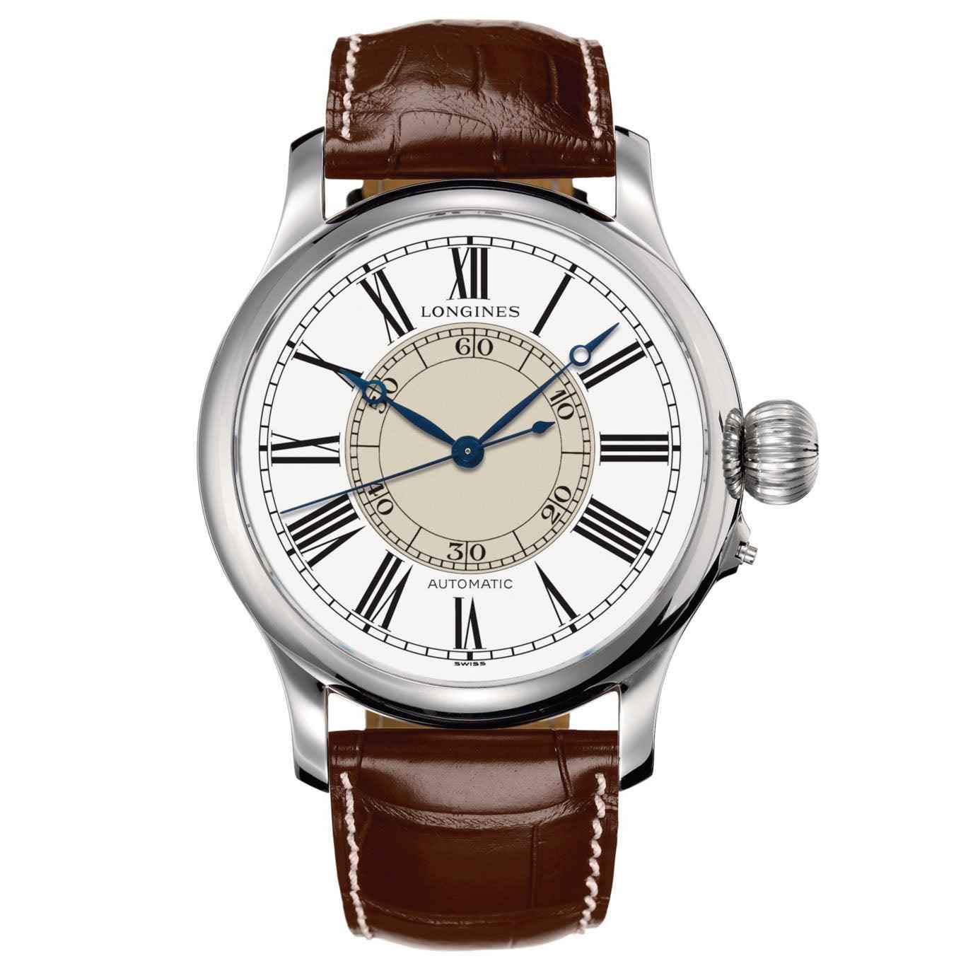 Orologio automatico Longines Weems Second-Setting, quadrante bianco, cinturino marrone in pelle