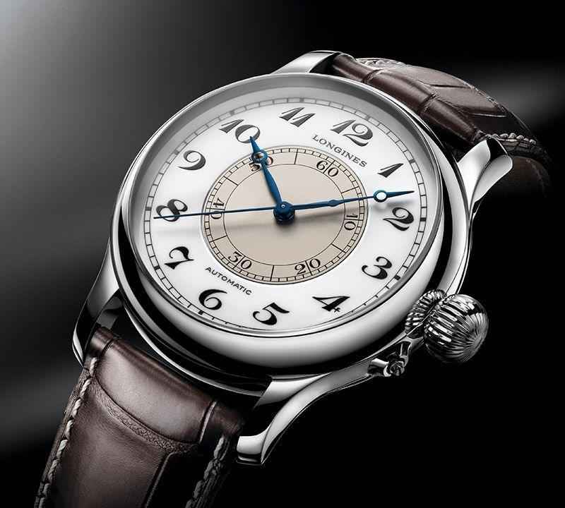 Orologio Longines Weems Second-Setting con quadrante bianco, lancette blu e cinturino marrone