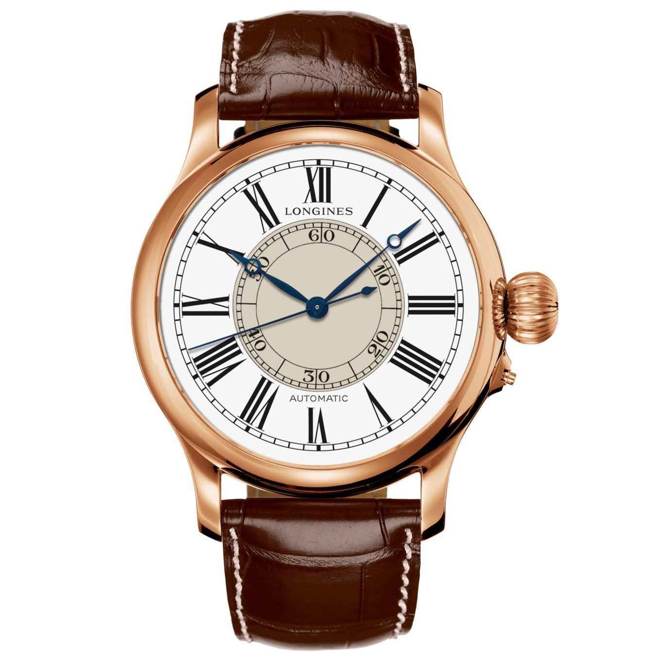 Orologio automatico con cassa oro rosa, quadrante bianco e cinturino in pelle marrone