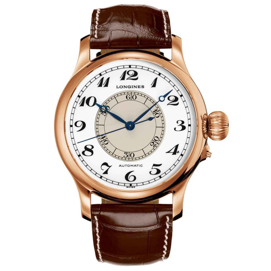 Orologio automatico Longines Weems Second-Setting: quadrante bianco, oro rosa, pelle marrone