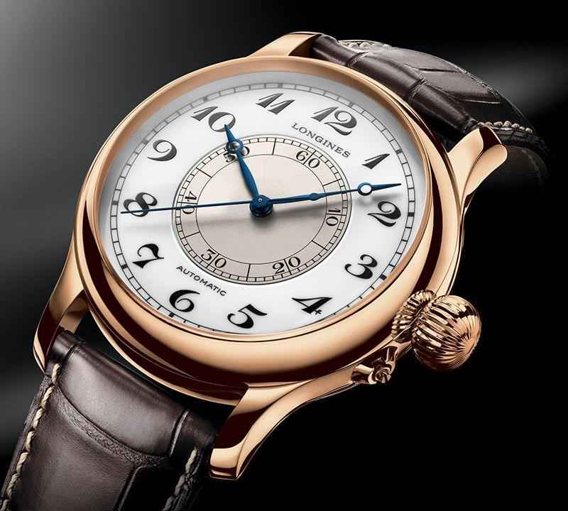 Orologio Longines Weems Second-Setting: quadrante bianco, cassa oro rosa, pelle marrone