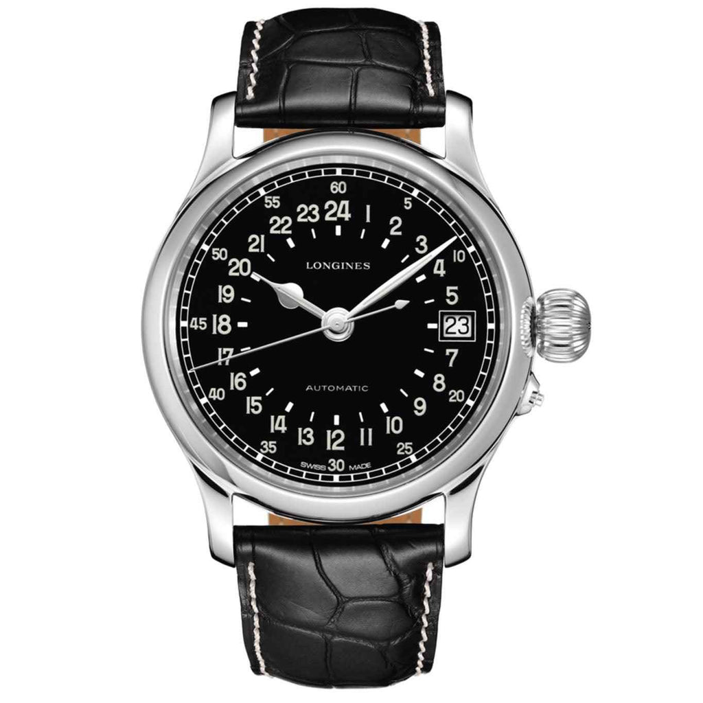 Orologio da polso Longines con quadrante nero opaco e cinturino alligatore nero, cassa d’acciaio.