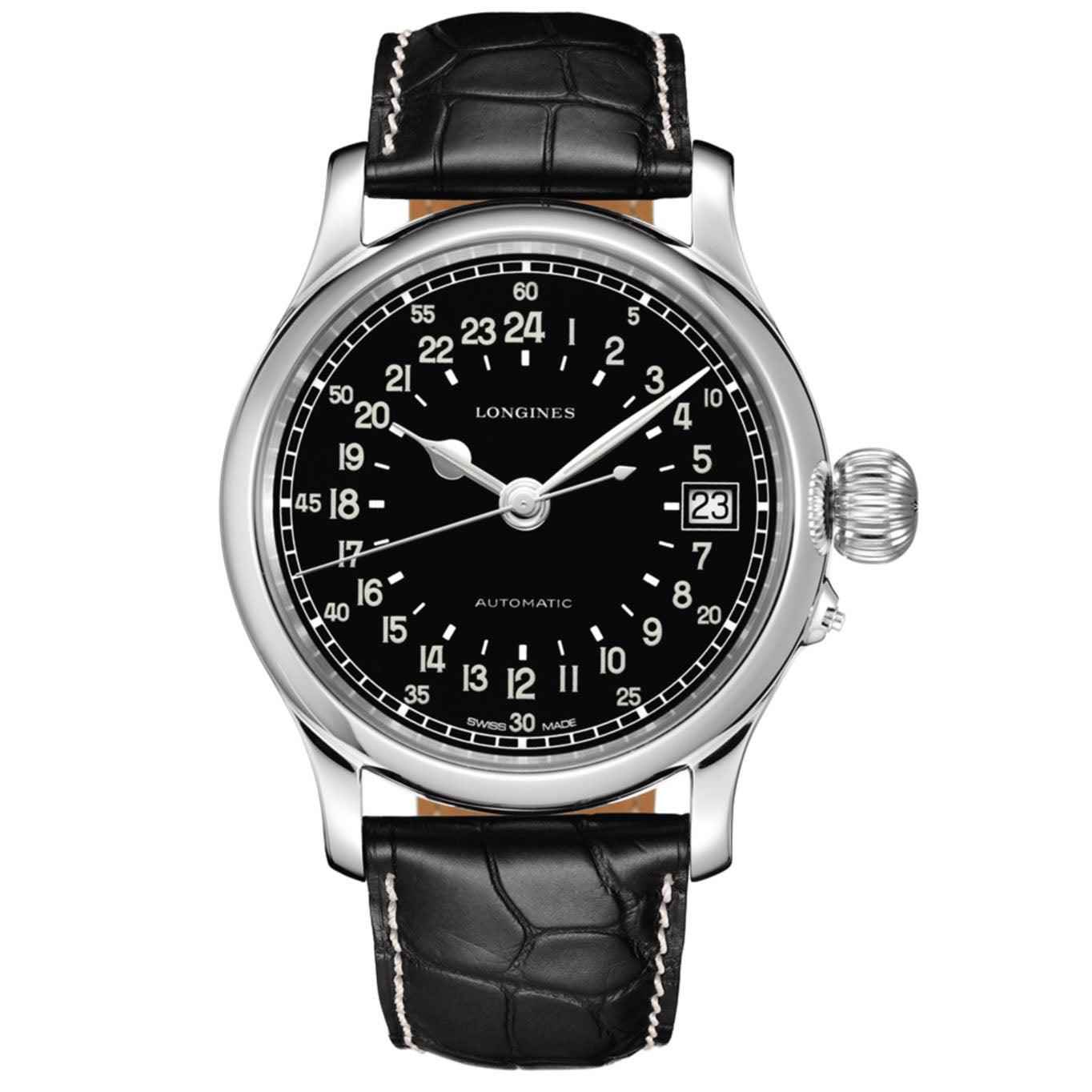 Orologio da polso Longines con quadrante nero opaco e cinturino alligatore nero, cassa d’acciaio.