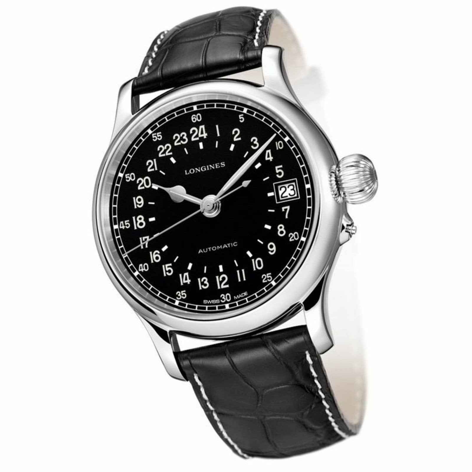 Orologio Longines con quadrante nero e data, cinturino in alligatore nero, cassa d’acciaio.
