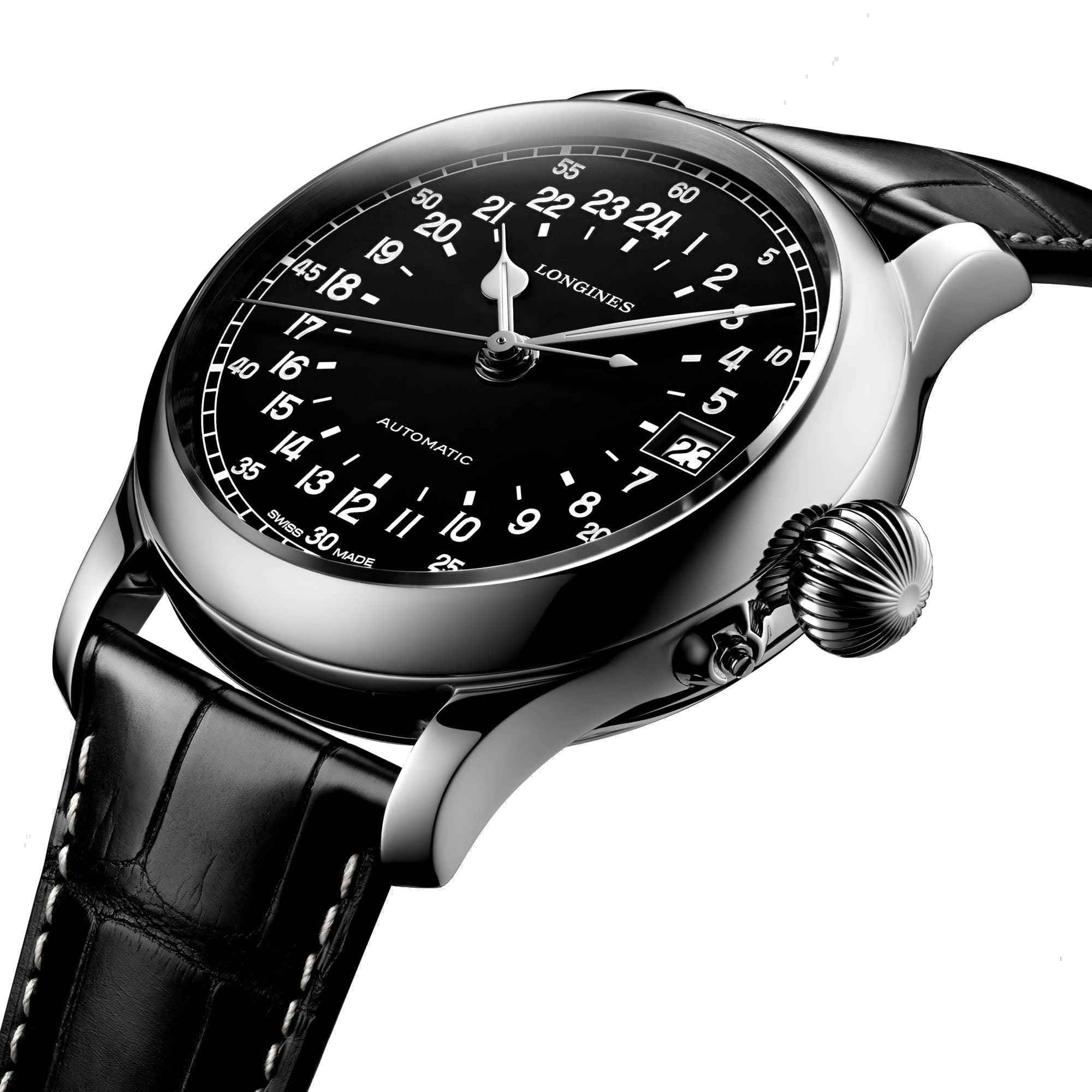 Orologio Longines con quadrante nero e lancette, cassa d’acciaio, cinturino in alligatore.