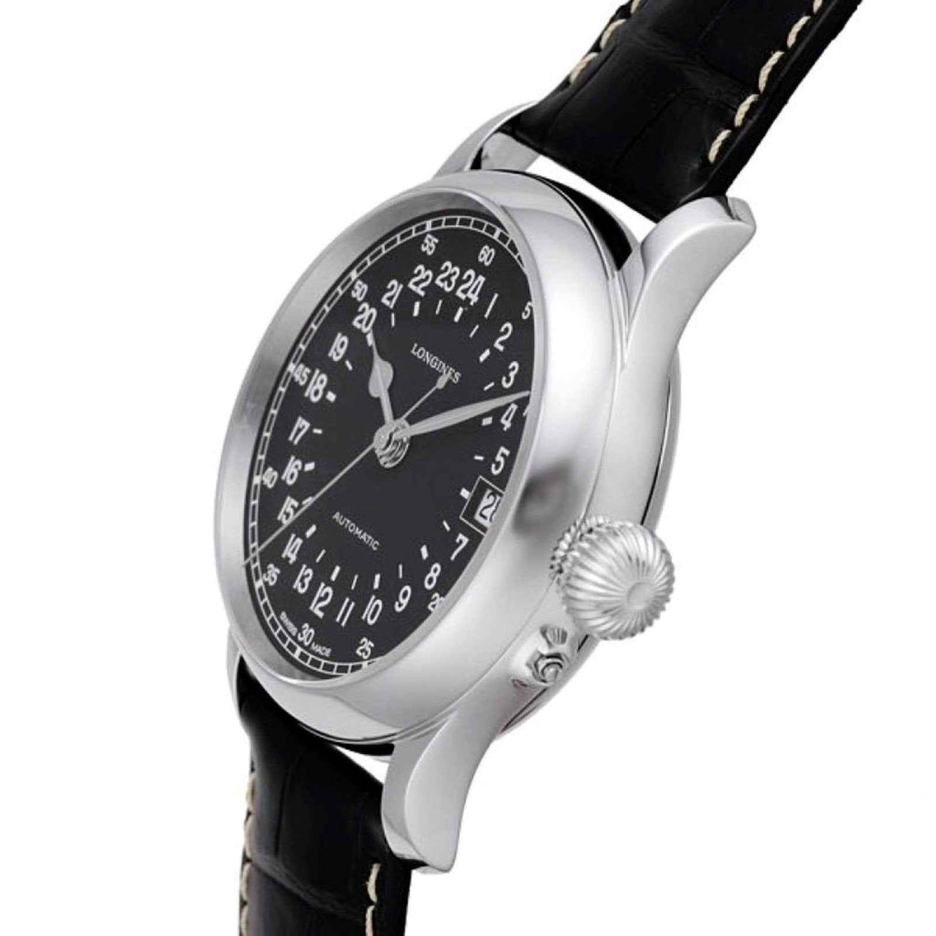 Orologio Longines con corona zigrinata e quadrante nero, cinturino alligatore nero, cassa d’acciaio.