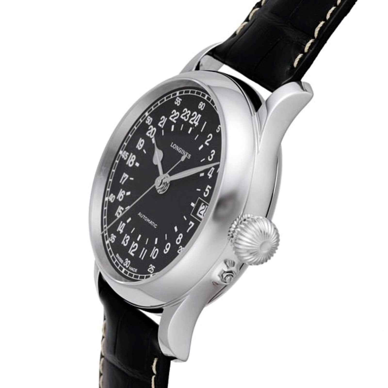 Orologio Longines con corona zigrinata e quadrante nero, cinturino alligatore nero, cassa d’acciaio.