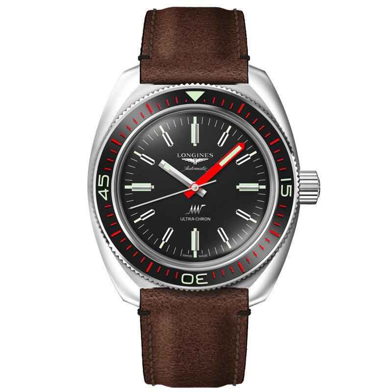Orologio automatico Longines con cassa in acciaio e quadrante nero, cinturino marrone