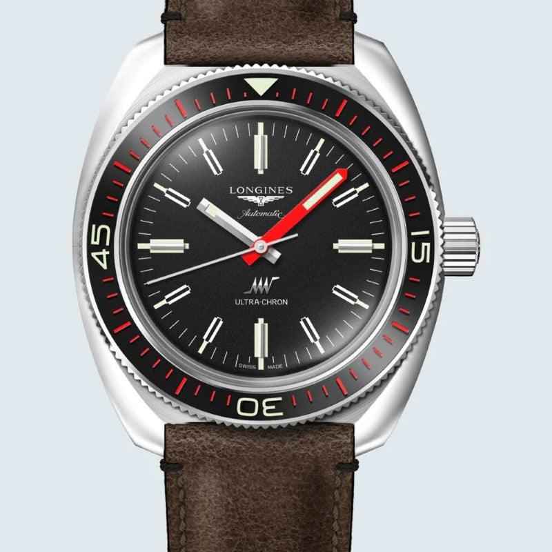 Orologio automatico Longines con quadrante nero e cassa in acciaio, cinturino marrone