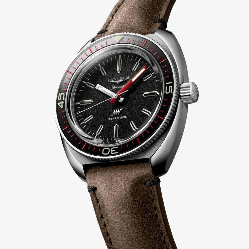 Orologio da polso Longines Ultra-Chron nero, cassa acciaio, cinturino in pelle marrone