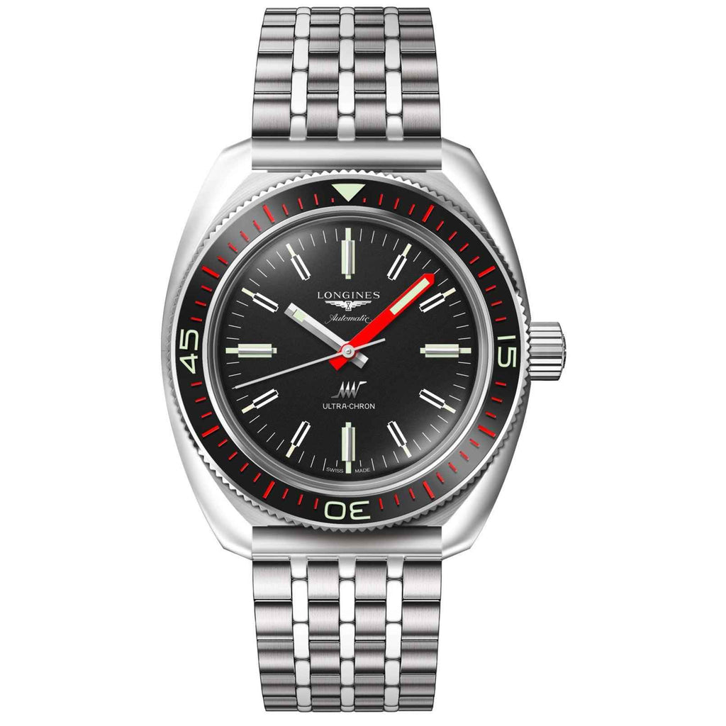 Orologio Longines automatico con quadrante nero e cinturino d’acciaio a maglie