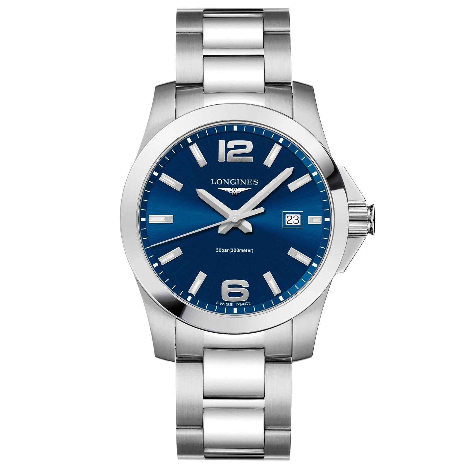 Orologio da uomo Longines Conquest in acciaio con quadrante blu e datario
