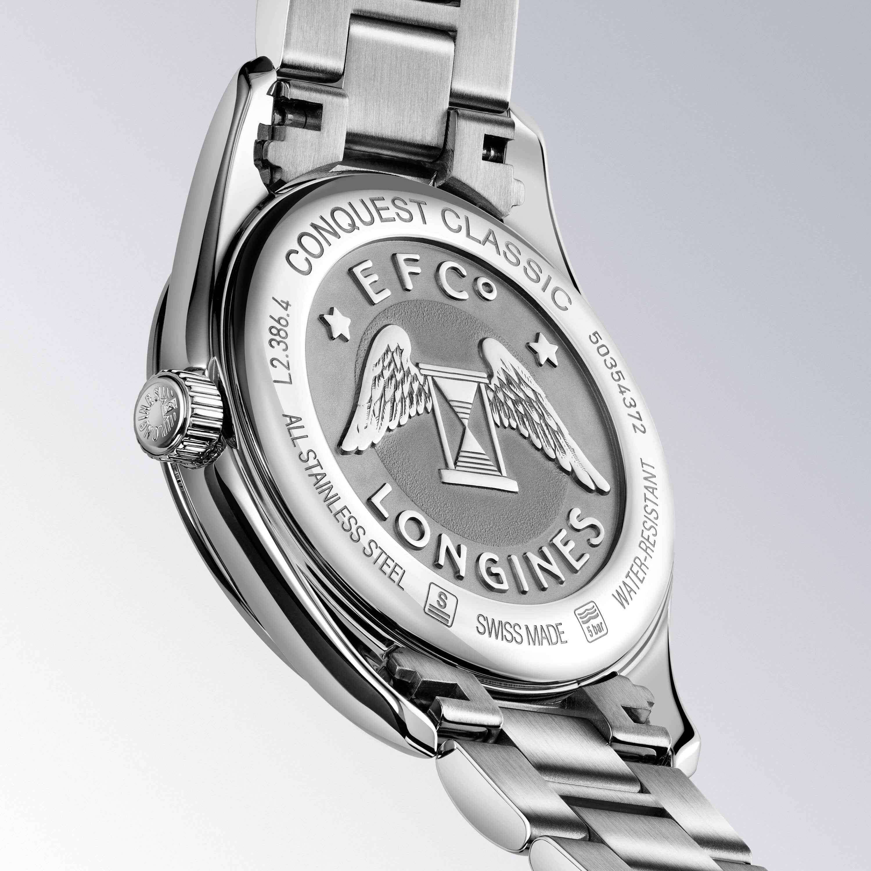 Fondello in acciaio Longines Conquest Classic con incisioni