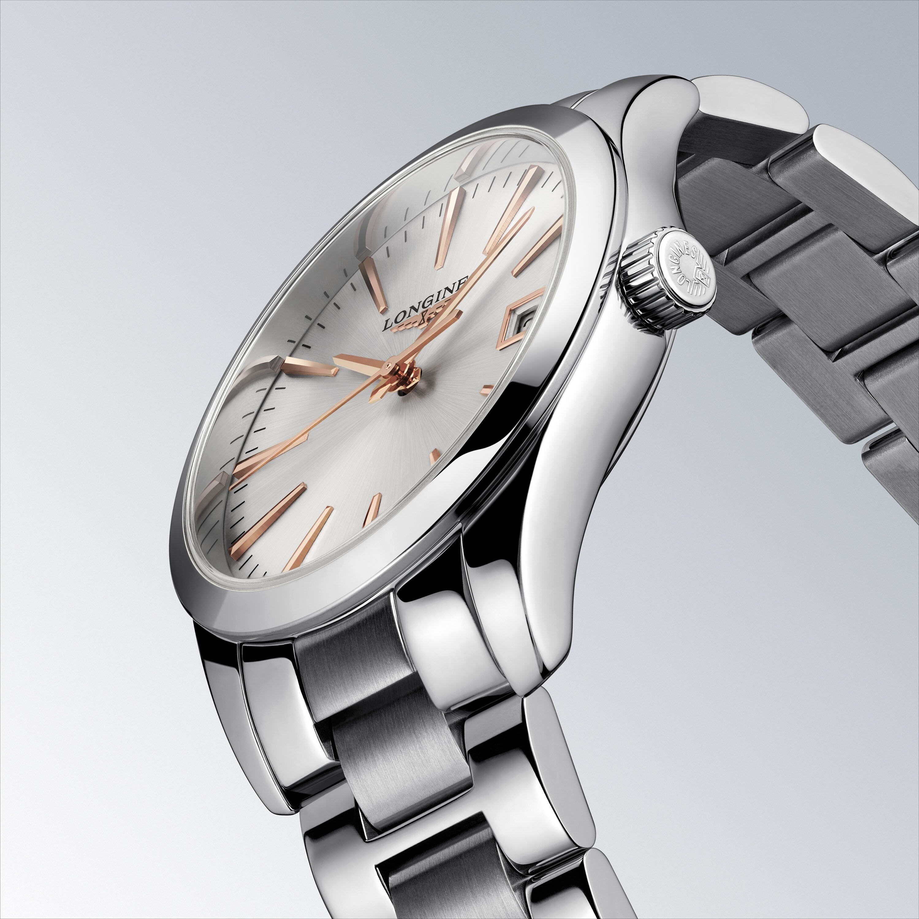 Orologio da uomo Longines in acciaio, quadrante bianco con indici dorati e cinturino maglia