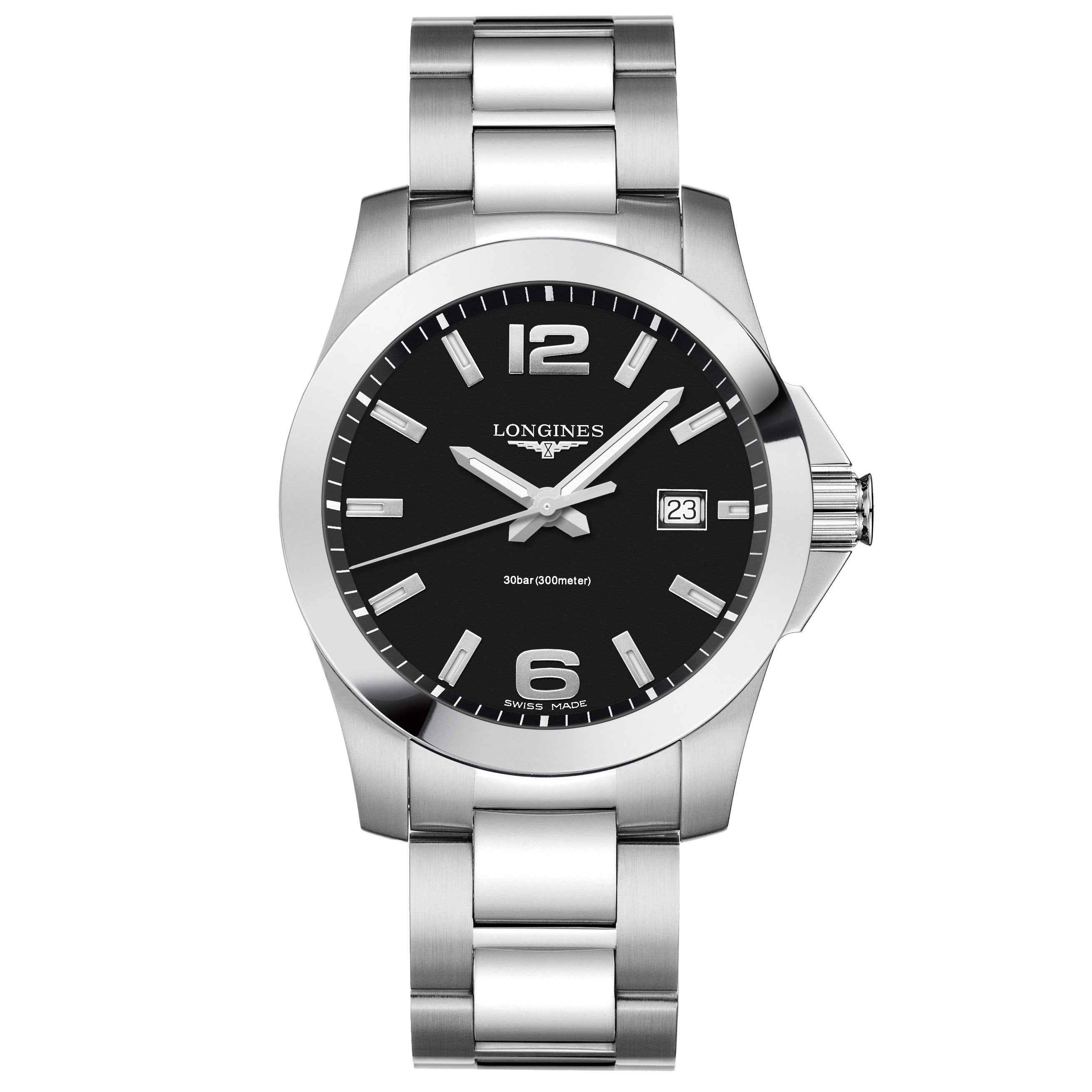 Orologio uomo Longines Conquest nero 41 mm in acciaio, quadrante con datario