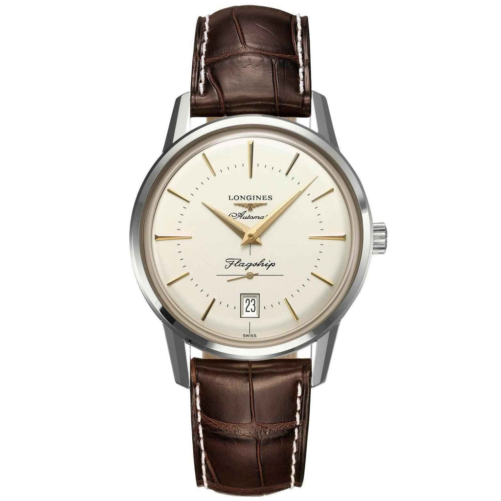 Orologio Longines con cinturino in pelle marrone e quadrante crema con datario 23