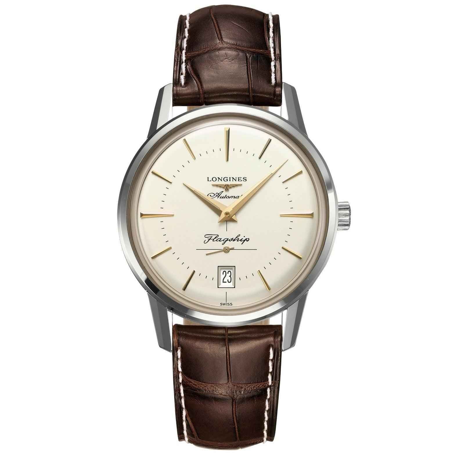 Orologio Longines con cinturino in pelle marrone e quadrante crema con datario 23
