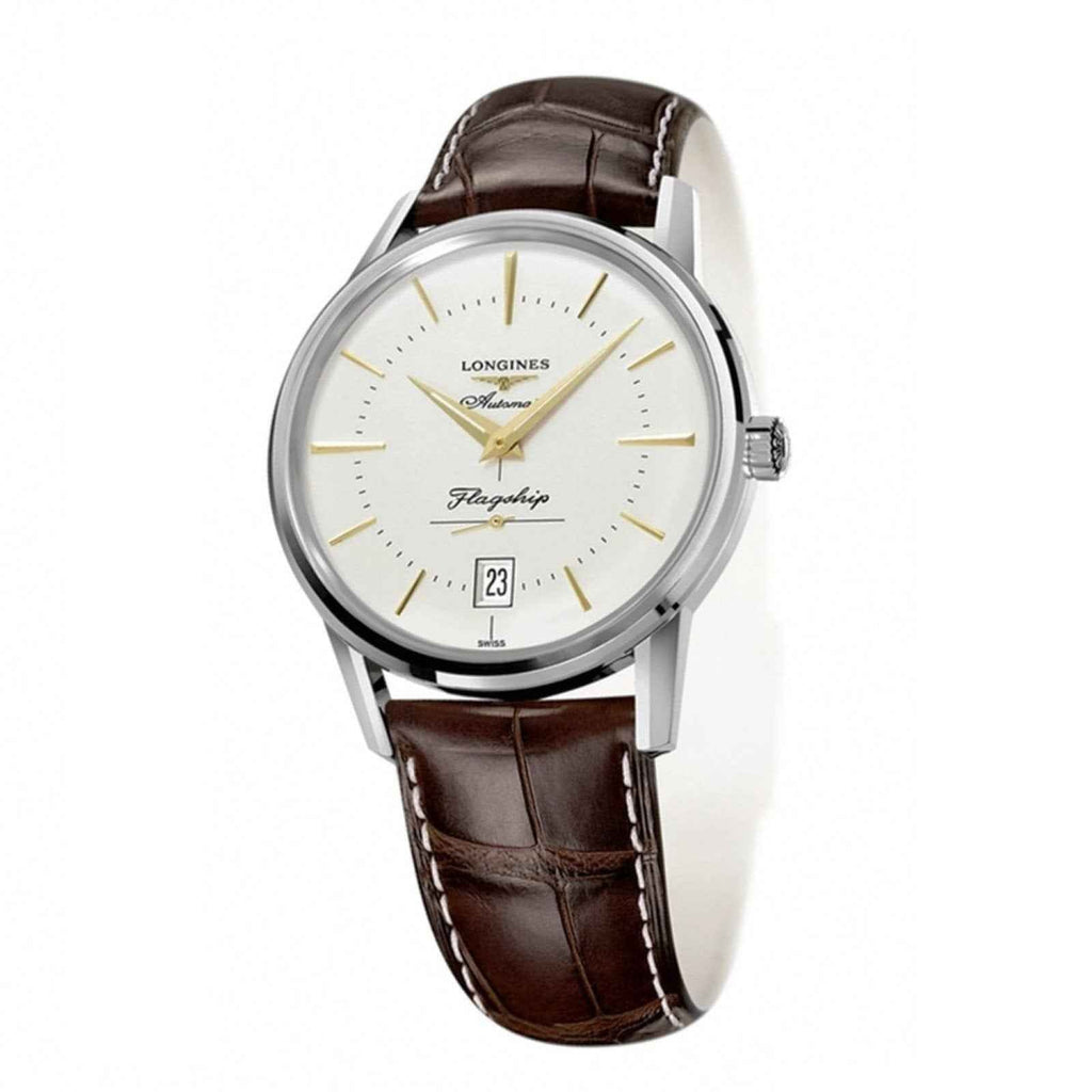 Orologio Longines uomo con cinturino in pelle marrone e quadrante crema con indici dorati