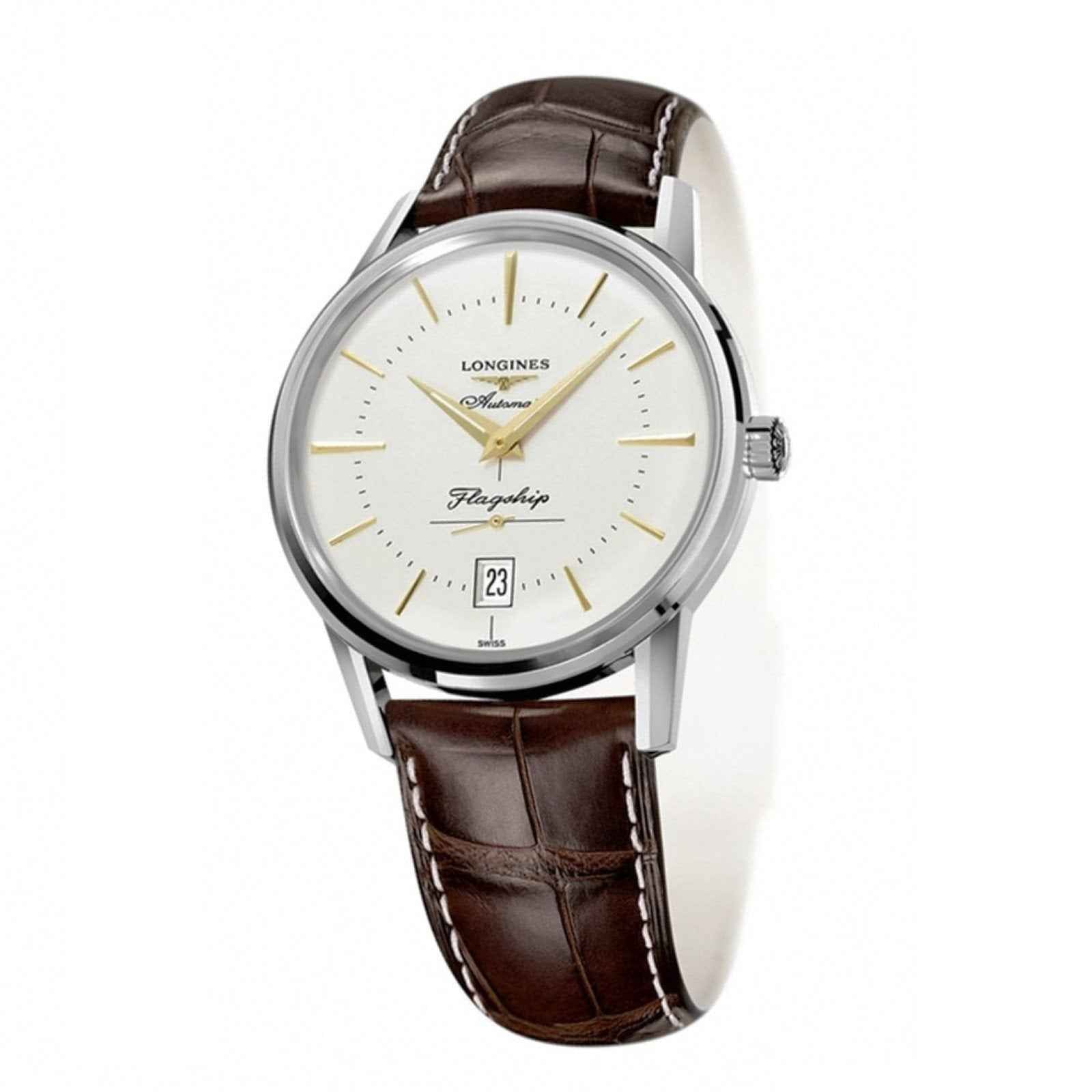 Orologio Longines uomo con cinturino in pelle marrone e quadrante crema con indici dorati