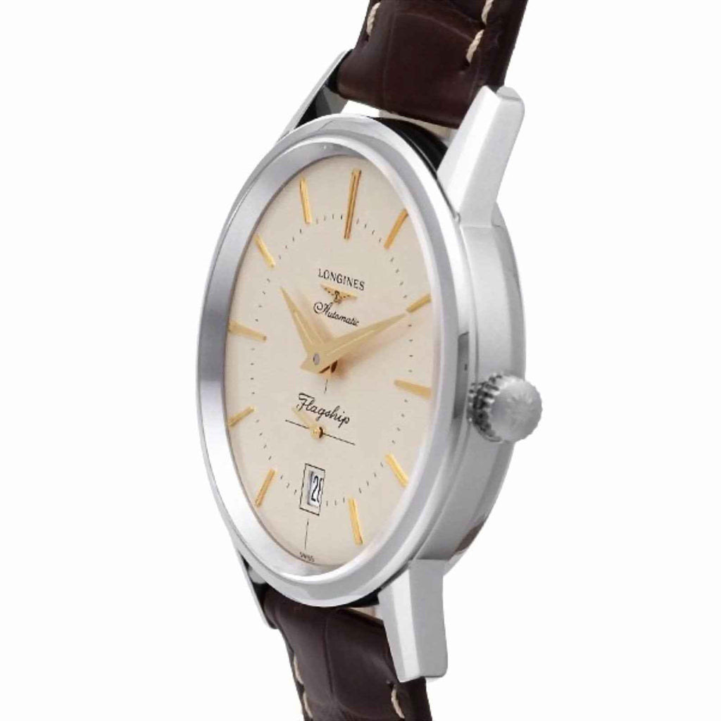 Orologio Longines con cassa argento e quadrante crema, cinturino in pelle marrone