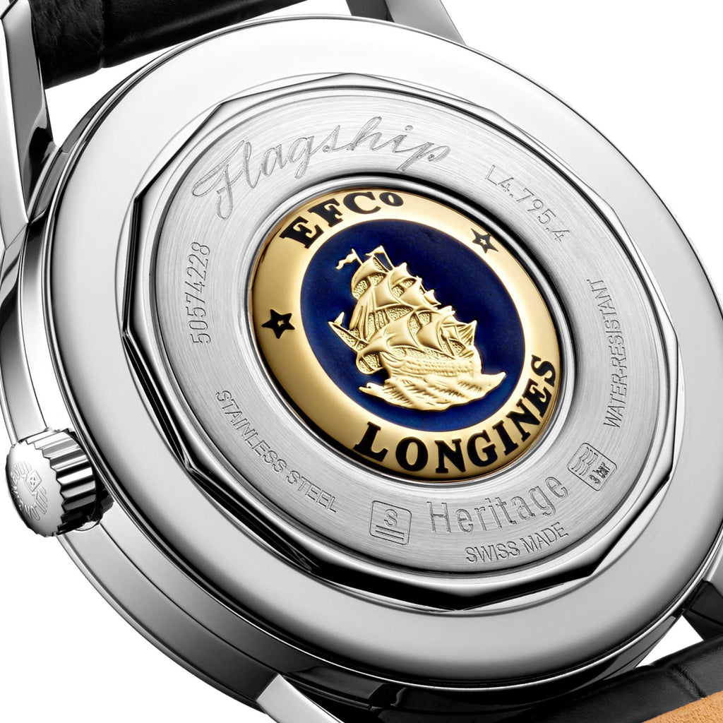 Orologio automatico da uomo in acciaio, fondello con emblema blu e oro