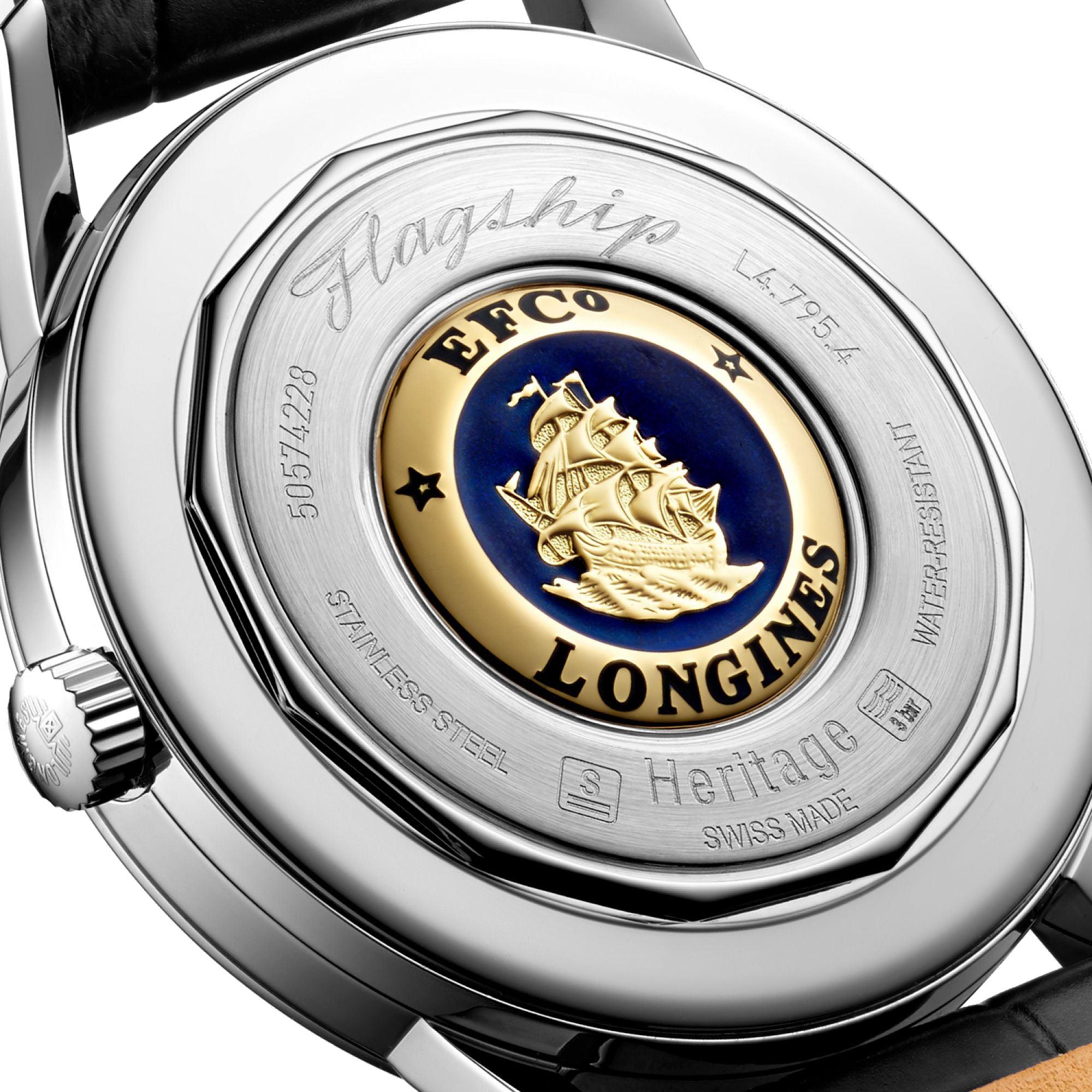 Orologio automatico da uomo in acciaio, fondello con emblema blu e oro