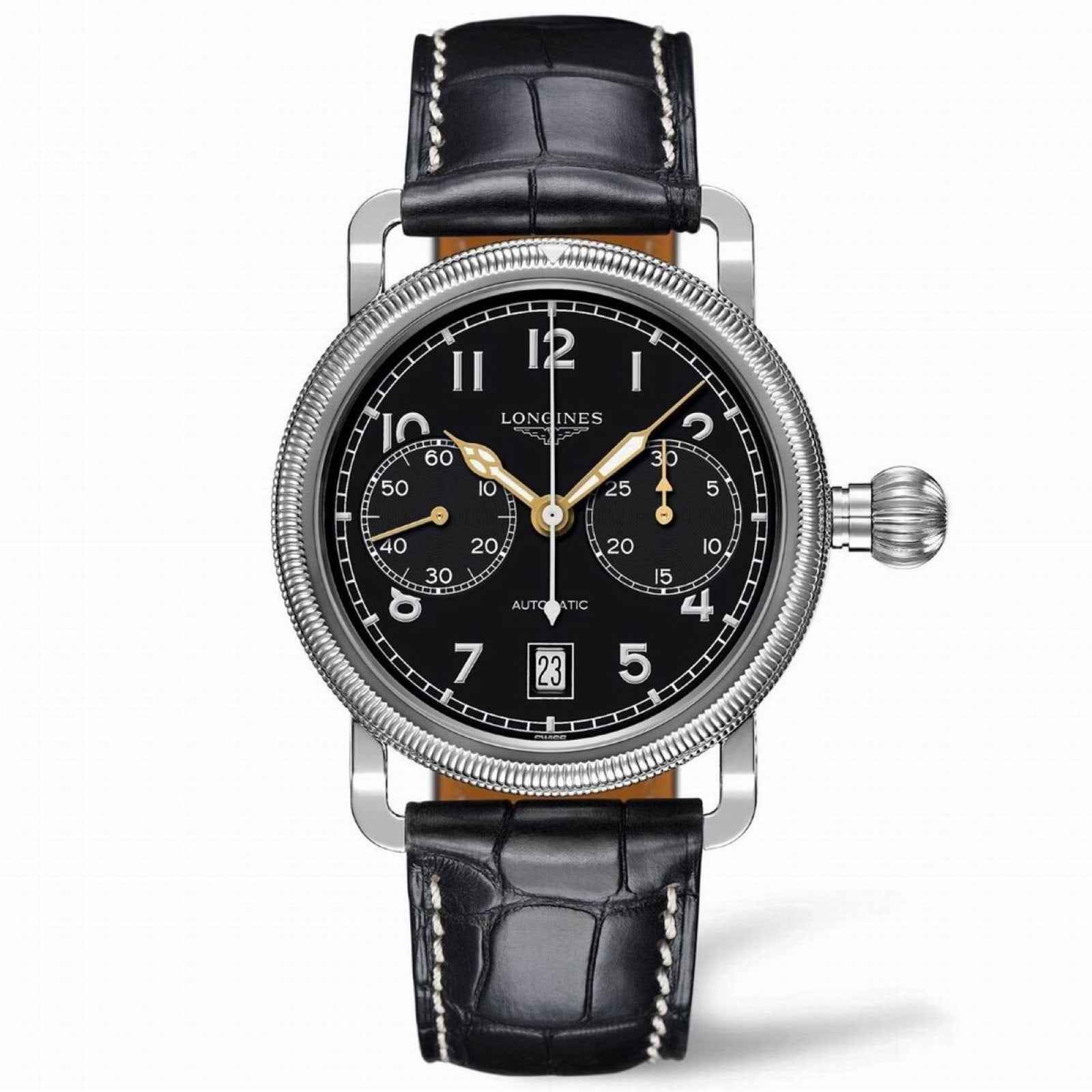 Orologio cronografo: quadrante nero, cassa acciaio e cinturino in pelle effetto alligatore