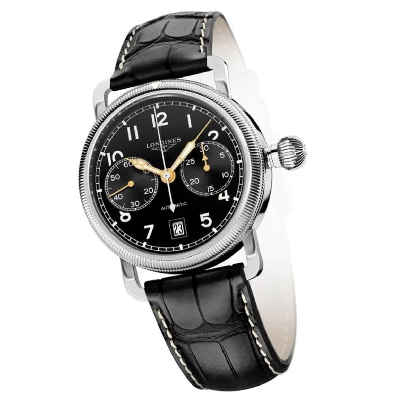 Orologio cronografo: quadrante nero, cassa acciaio e cinturino pelle con corona laterale