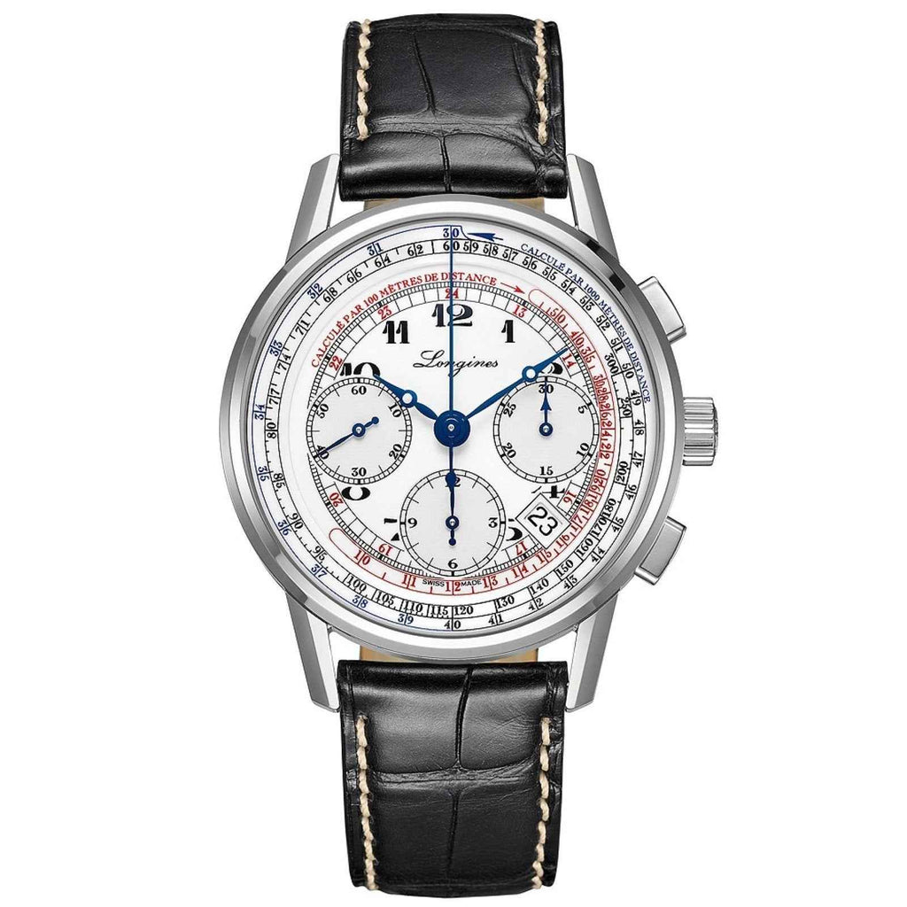 Orologio cronografo Longines in acciaio, quadrante bianco e cinturino pelle nera