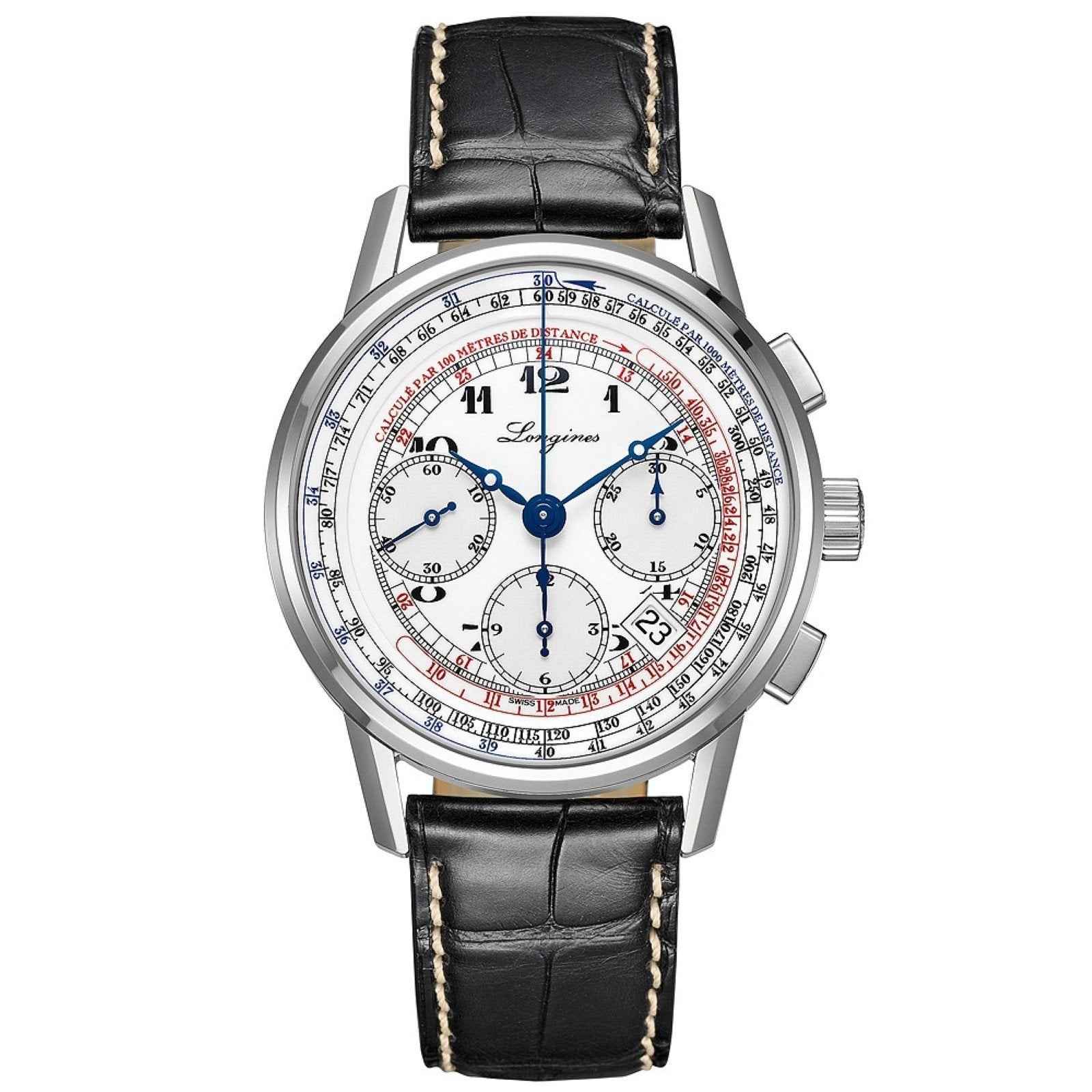 Orologio cronografo Longines in acciaio, quadrante bianco e cinturino pelle nera