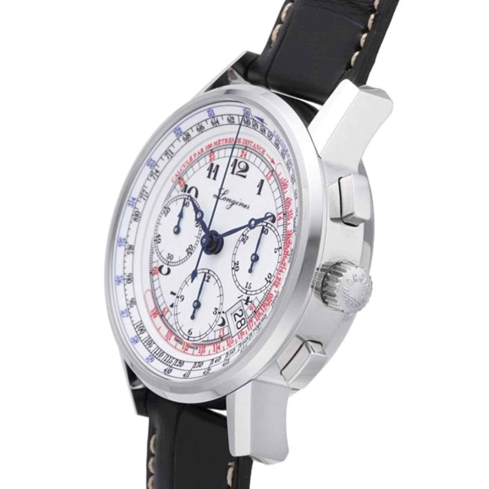 Orologio cronografo Longines in acciaio con cinturino nero, vista laterale con pulsanti