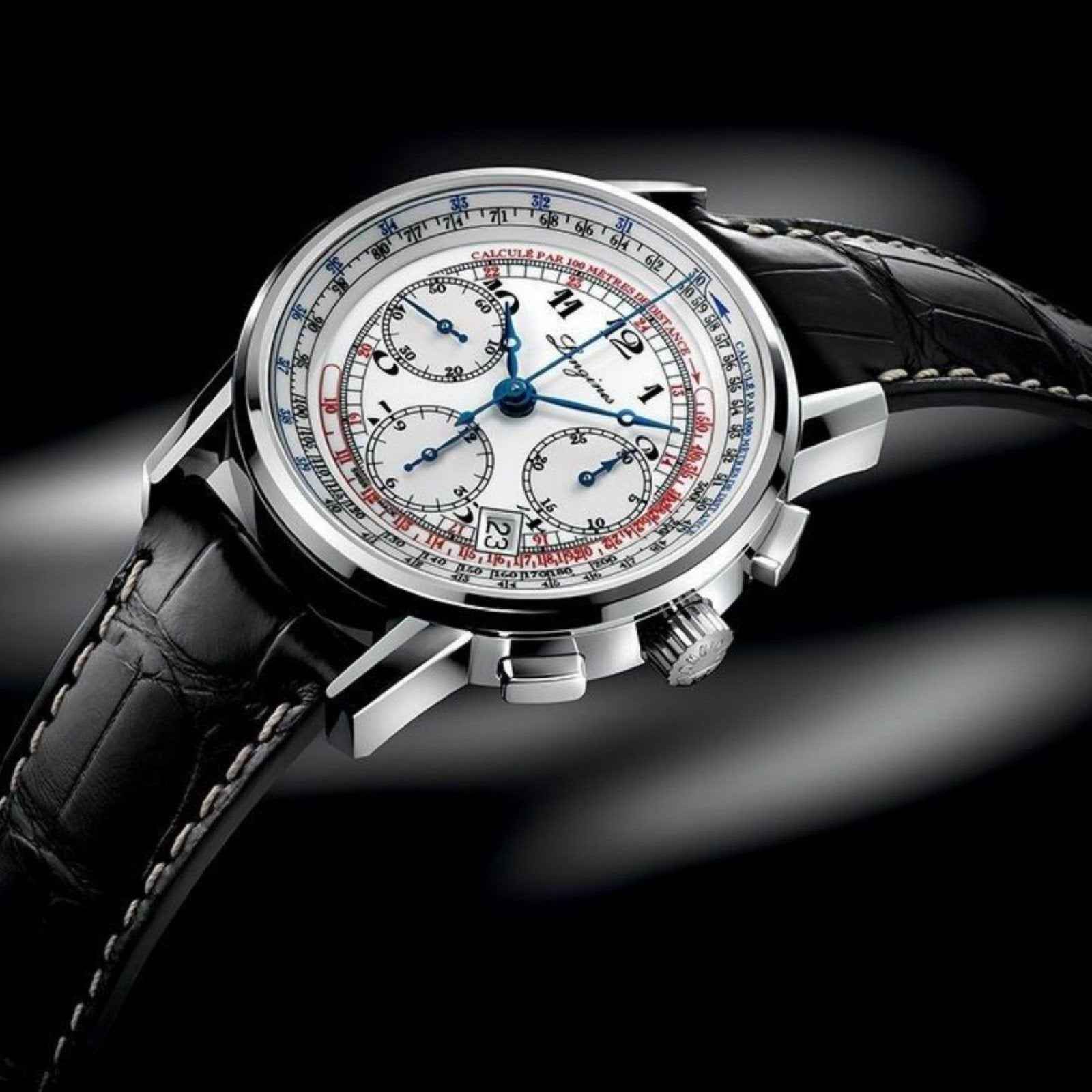 Orologio cronografo Longines automatico in acciaio, quadrante bianco, cinturino nero
