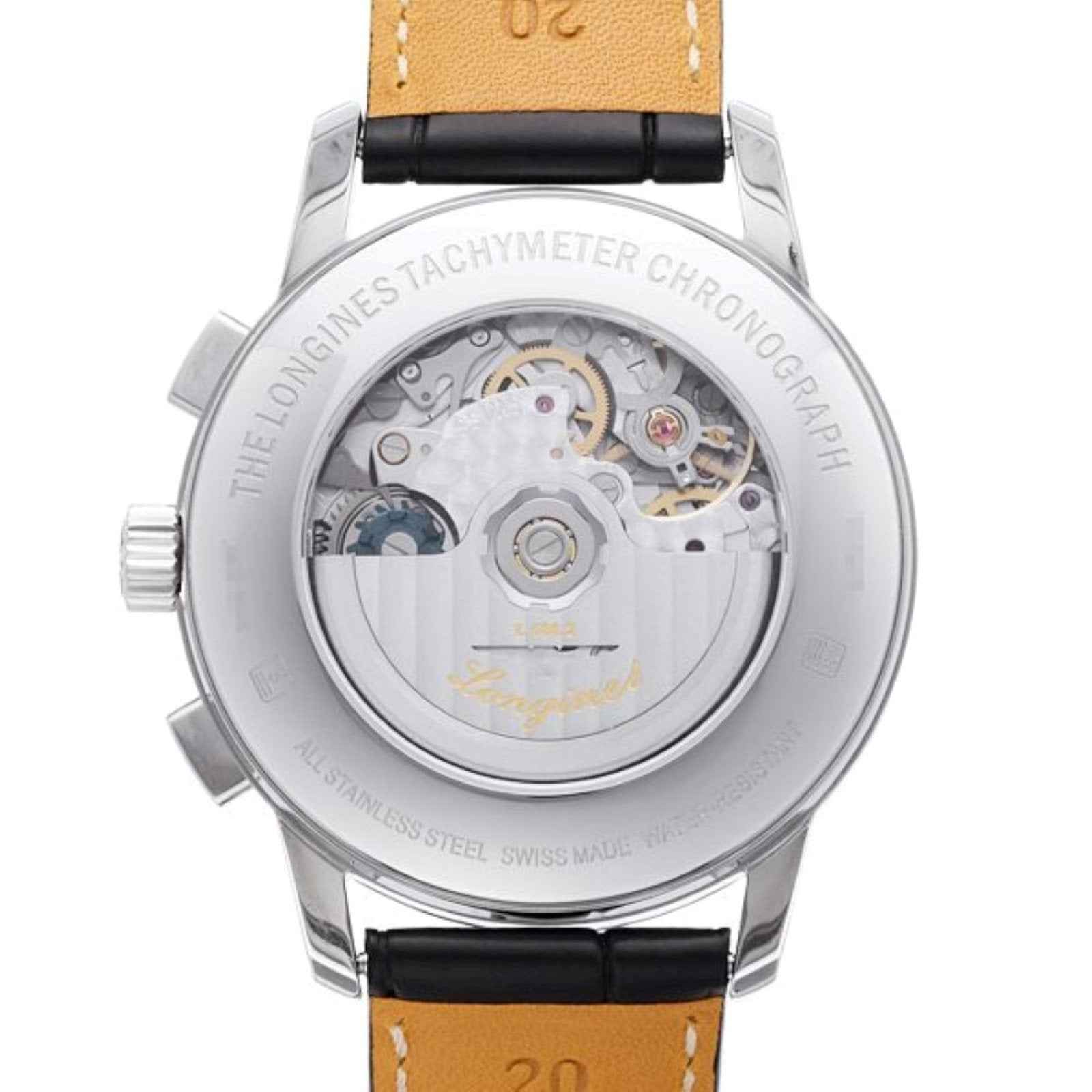 Orologio Longines con fondello trasparente e movimento visibile, cinturino pelle nera