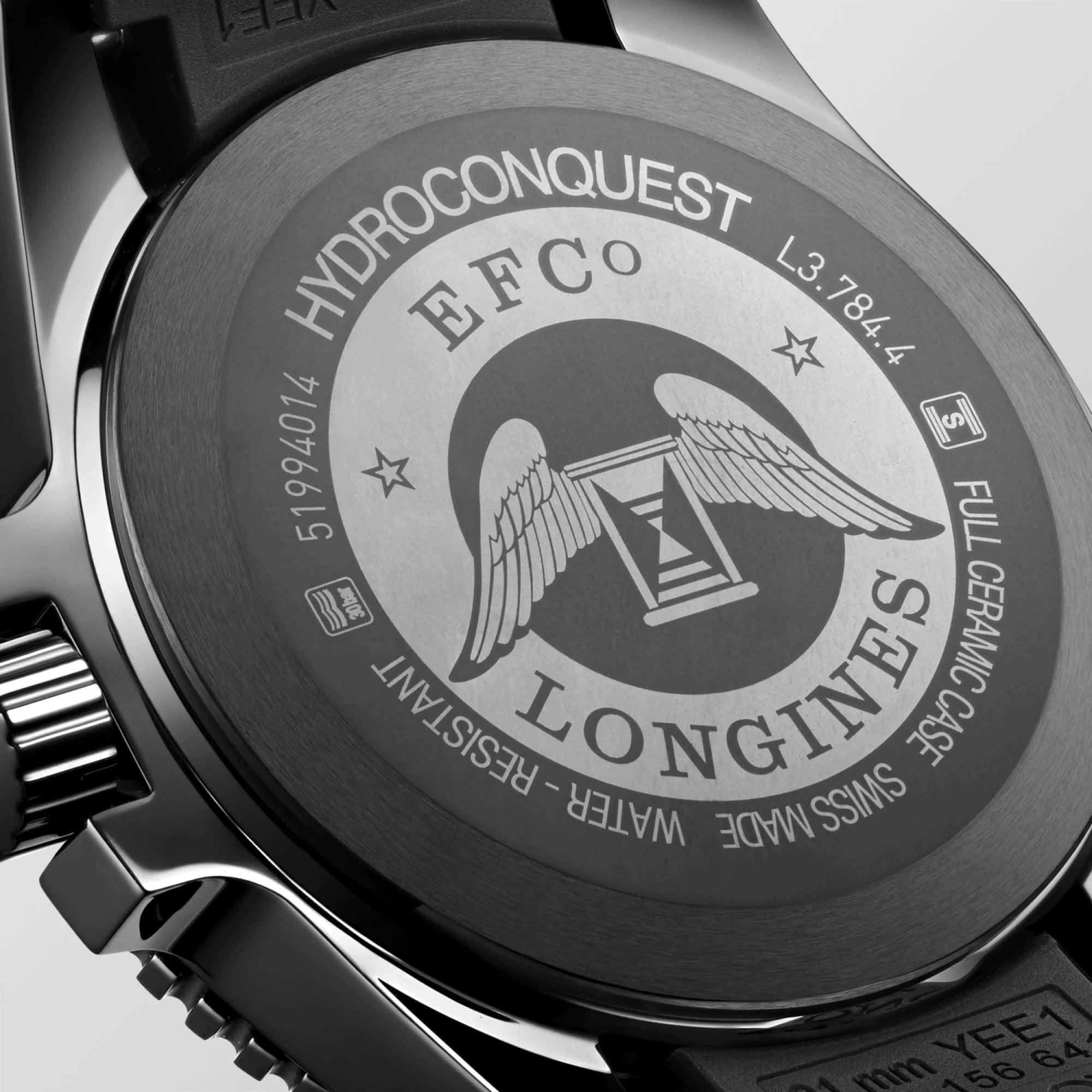 Orologio uomo HydroConquest 43mm automatico: fondello nero in ceramica, incisioni Longines