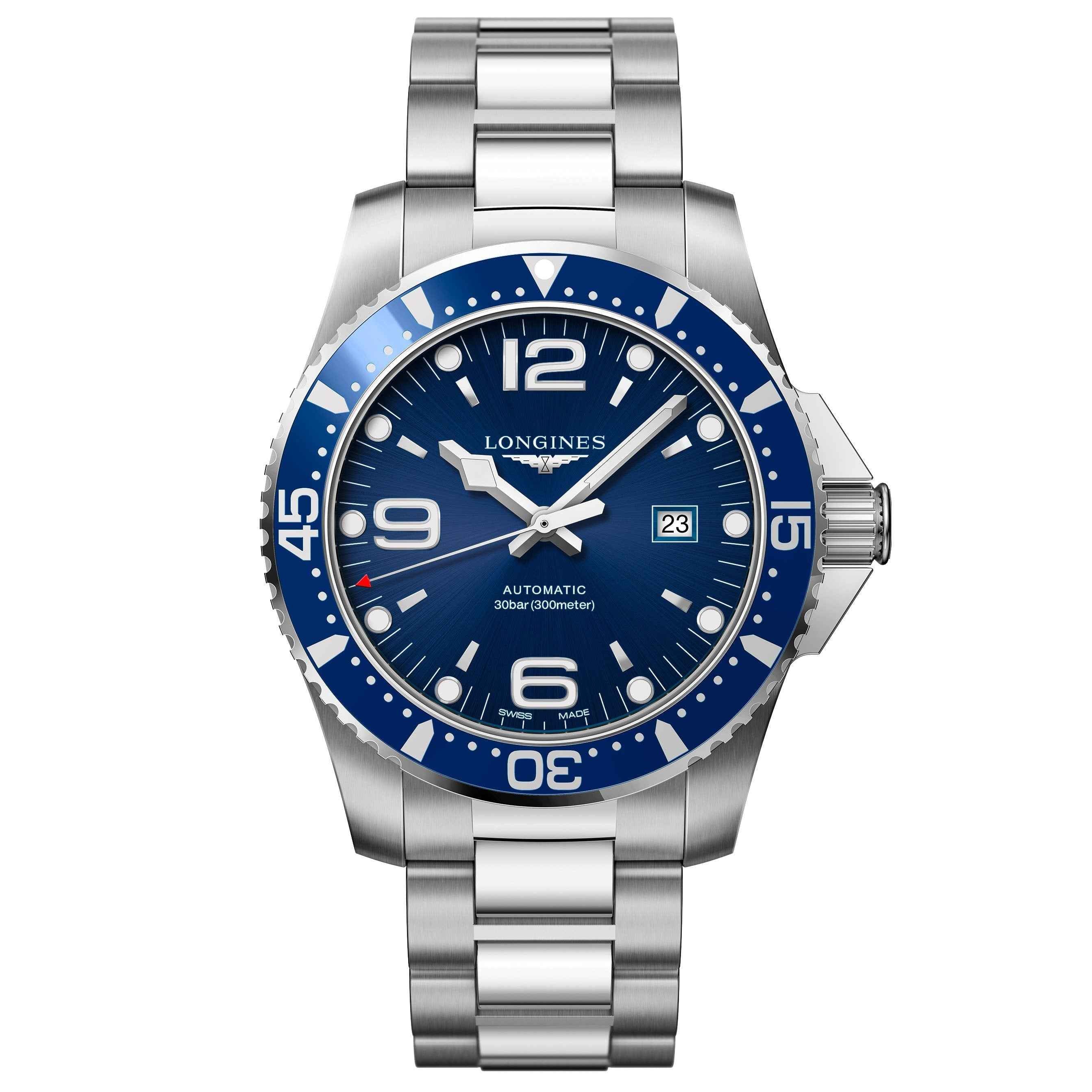 Orologio uomo Longines HydroConquest in acciaio, quadrante blu con lunetta girevole e datario