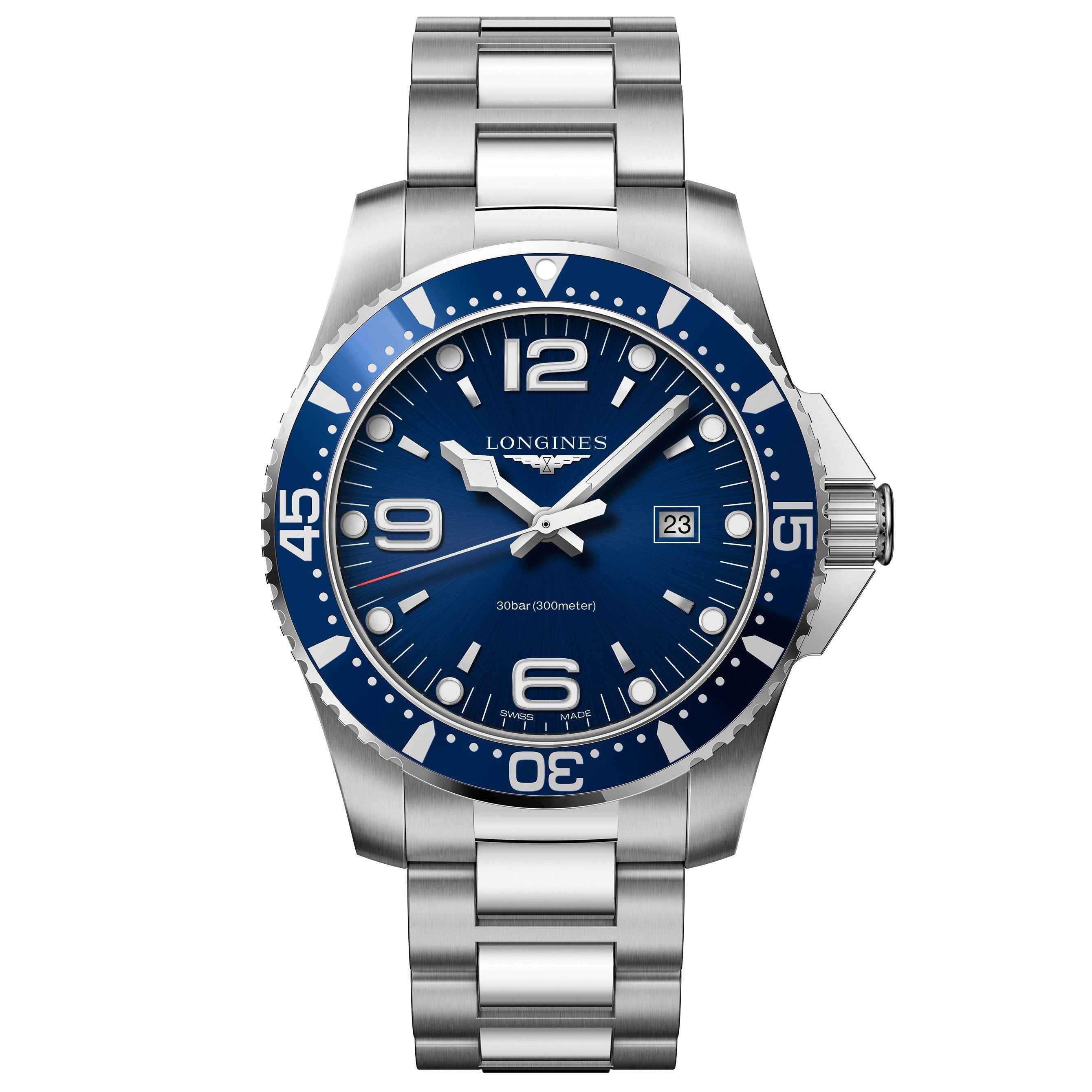 Orologio uomo Longines HydroConquest in acciaio con quadrante blu e datario, 44mm