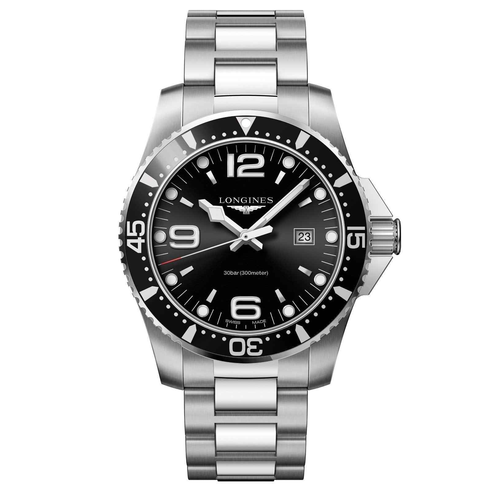 Orologio uomo HydroConquest in acciaio con quadrante nero 44 mm e cinturino maglia