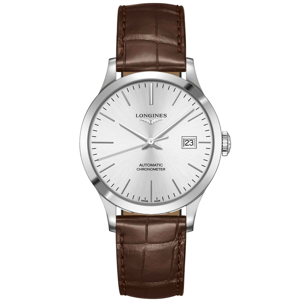 Orologio Longines uomo automatico con quadrante bianco e cinturino in pelle marrone