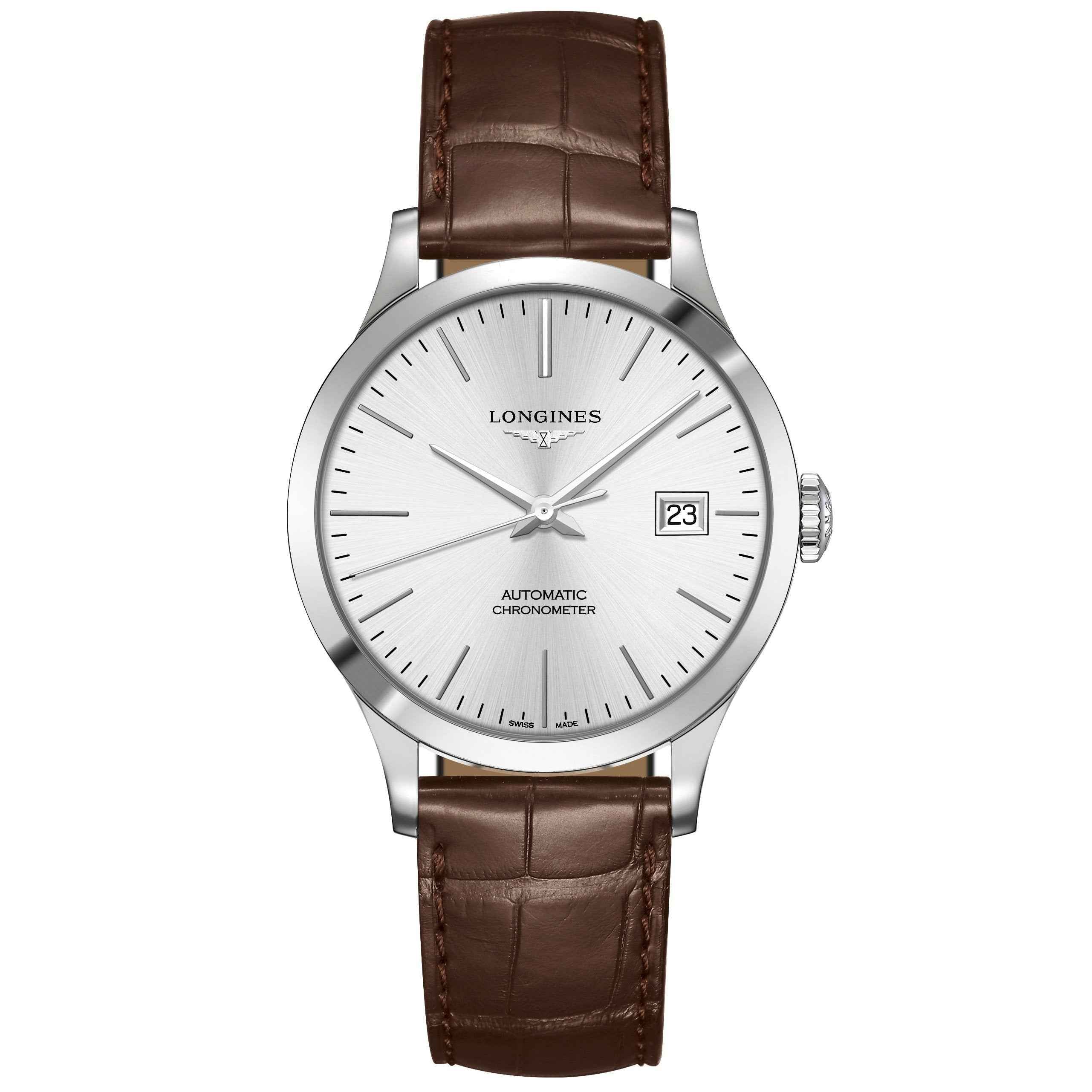 Orologio Longines uomo automatico con quadrante bianco e cinturino in pelle marrone