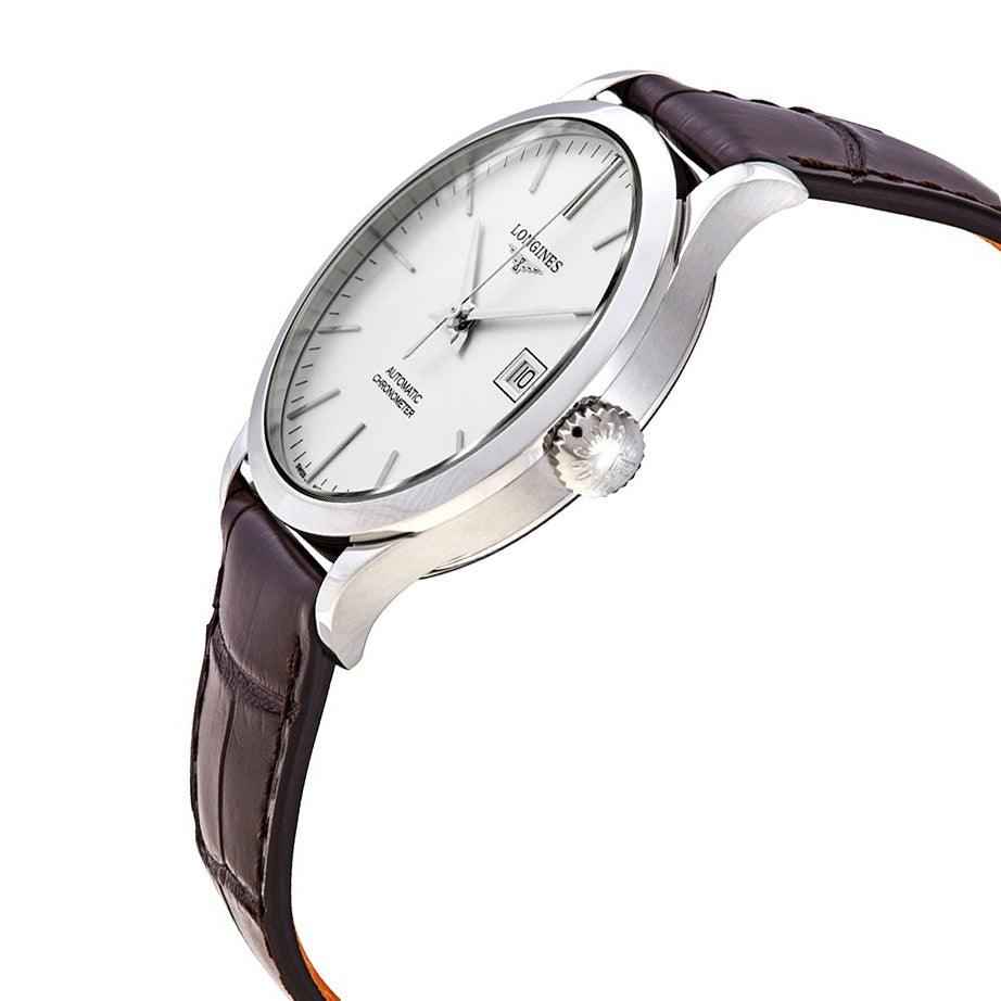 Orologio Longines uomo con cassa in acciaio e cinturino pelle marrone, vista laterale