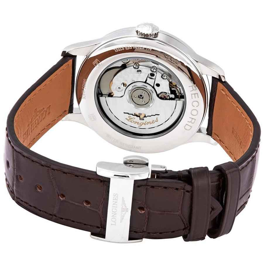 Orologio Longines uomo con fondello e quadrante interni visibili, cinturino pelle marrone