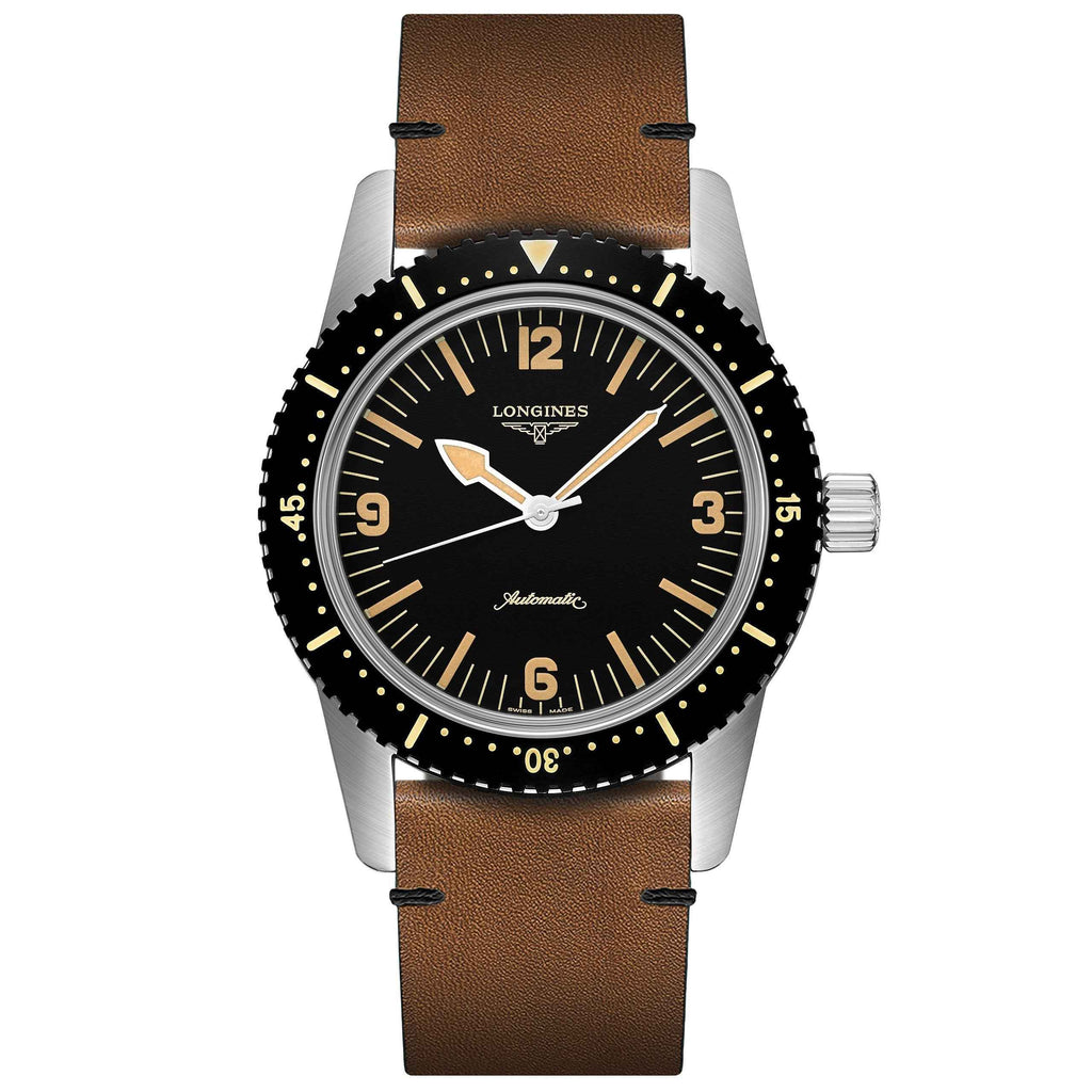 Orologio subacqueo Longines con cassa in acciaio e cinturino marrone, quadrante nero