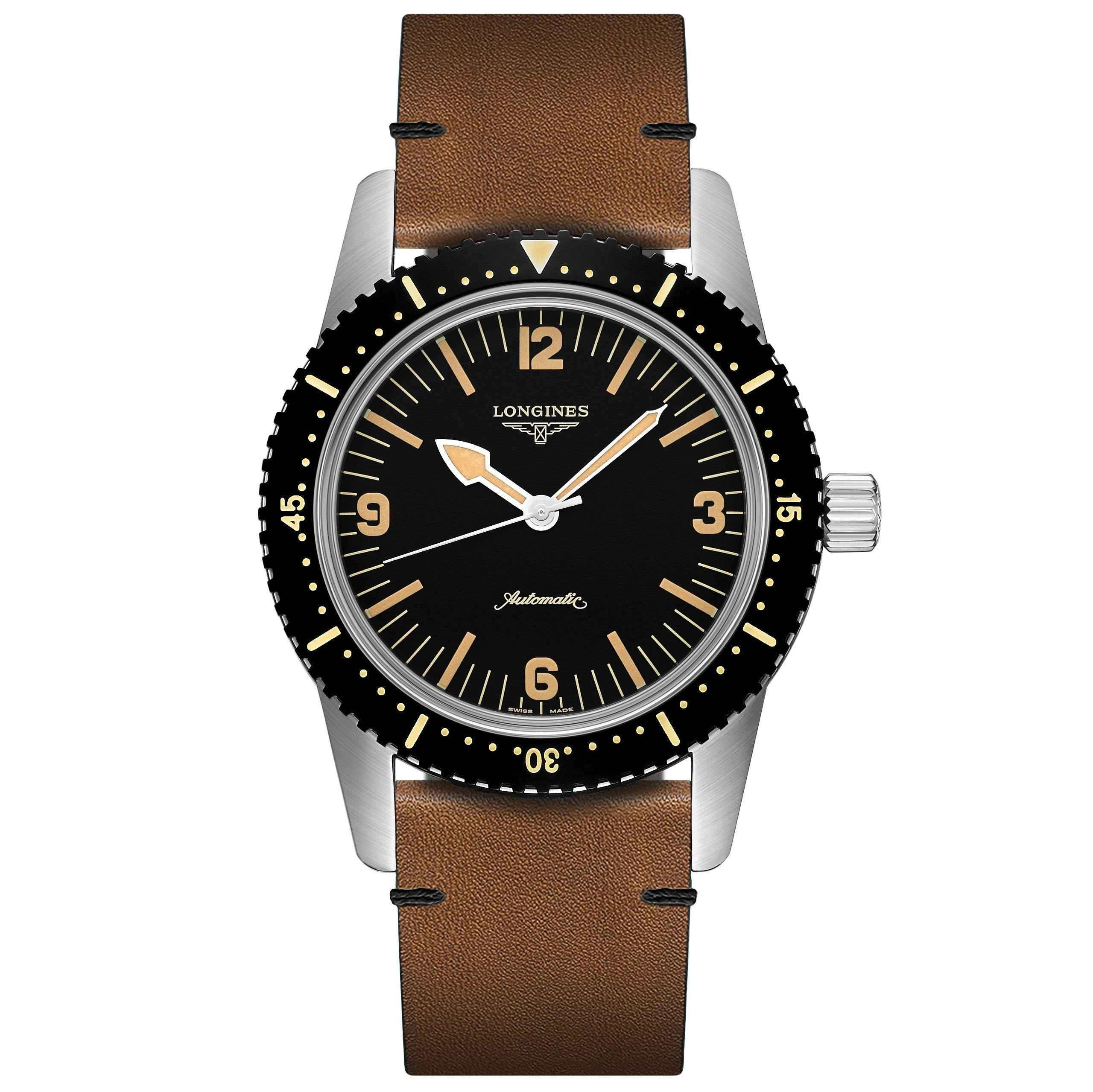 Orologio subacqueo Longines con cassa in acciaio e cinturino marrone, quadrante nero